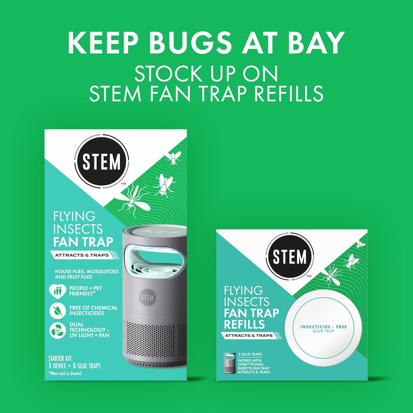STEM Flying Insect Fan Trap for Indoor Bug Control, Attracts Mosquitoes, Fruit Flies, and House Flies, Plug-in Fan with UV Light, Starter Kit Includes 1 Device and 5 Glue Traps