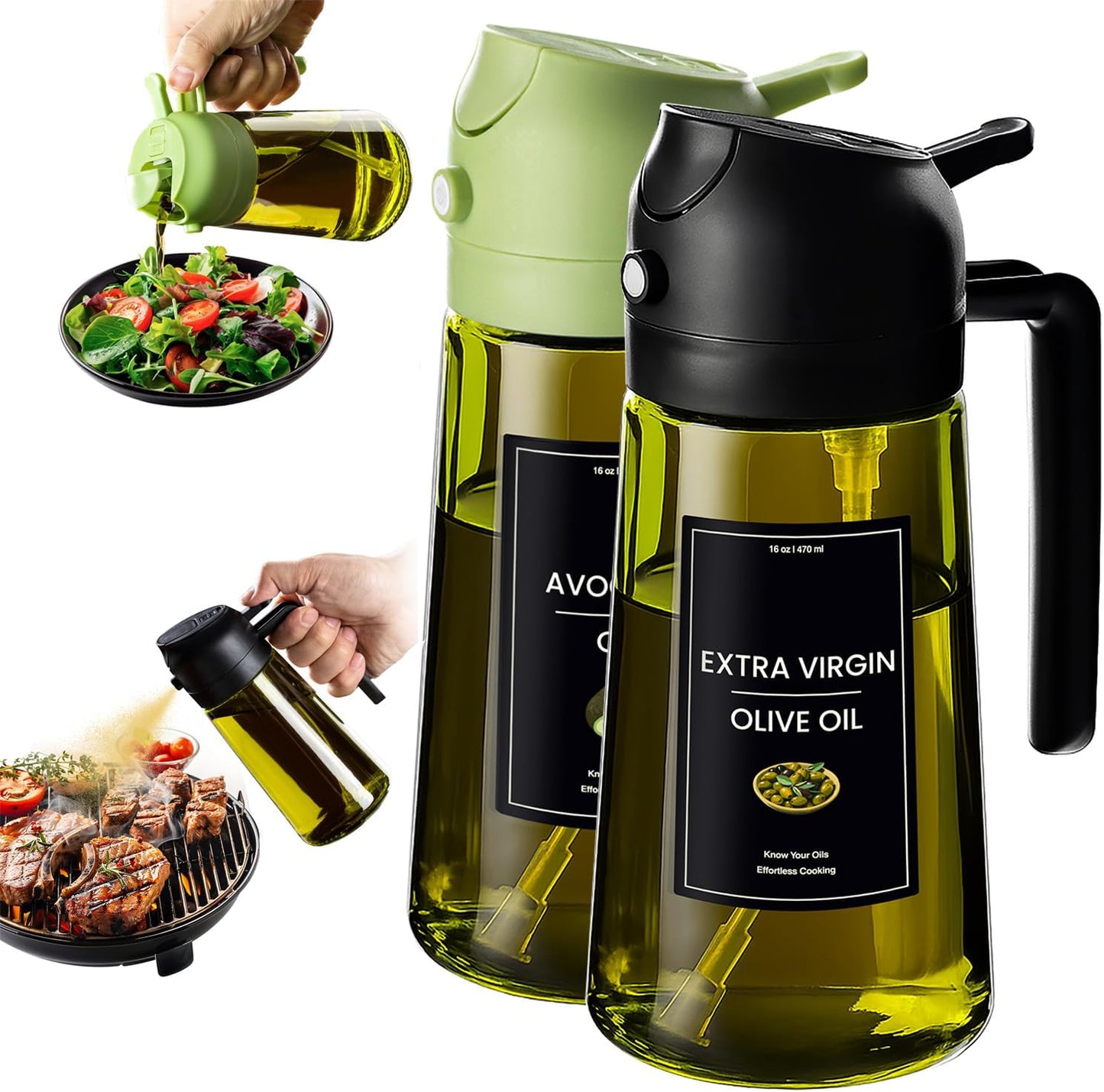 CXINYI - 16oz/470ml Olive Oil Dispenser for Kitchen with Stickers - 2 in 1 Olive Oil Sprayer for Cooking, Air Fryer, and Salad, Black&Green (Light-Proof Kitchen Gadget)