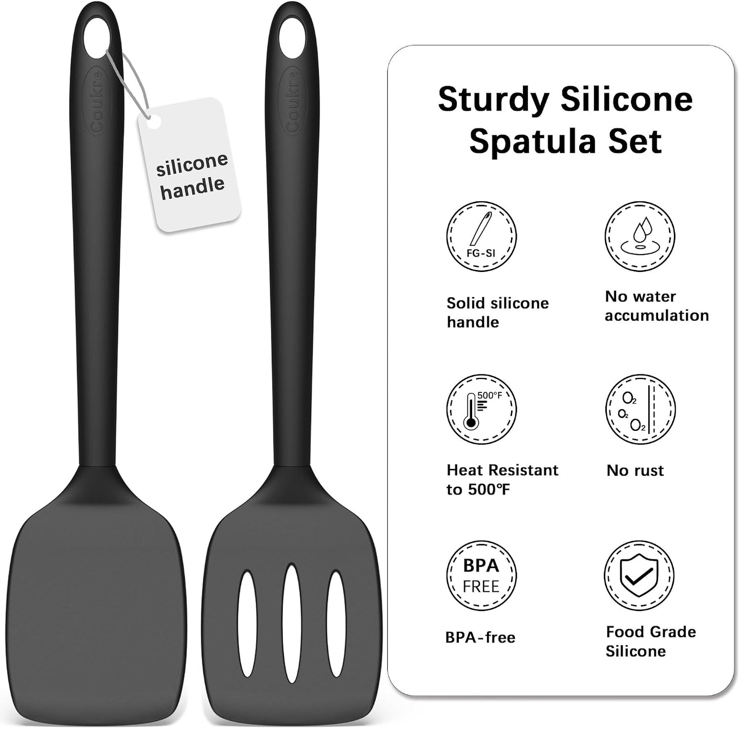 Coukre 2 Pack Silicone Spatula Set,High Heat Resistant, BPA-Free | Dishwasher Safe Kitchen Spatula for Nonstick Pans, Solid & Slotted Turners for Cooking, Sautéing, and Flipping, PureBlack