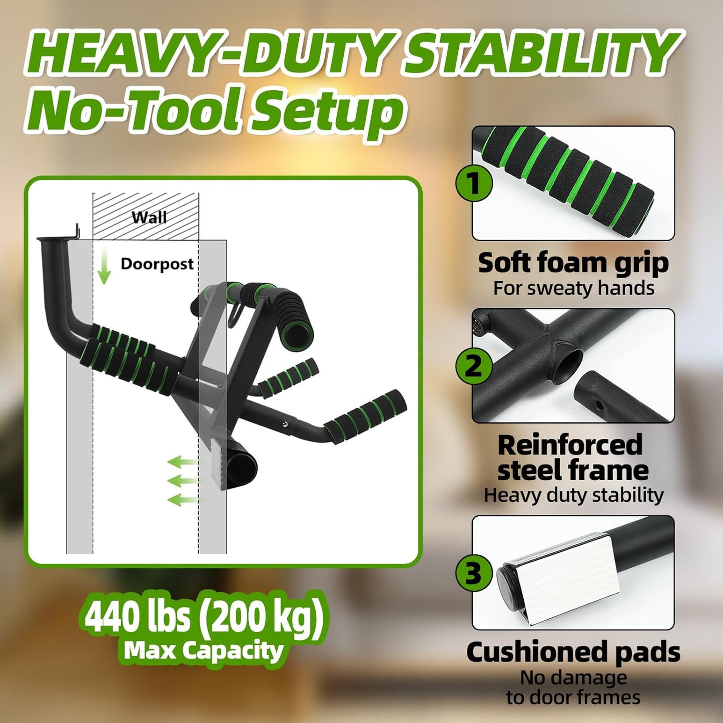 VBSD Upgrade Doorway Pull Up Bar, Ergonomic Grips, 440 Lbs Capacity