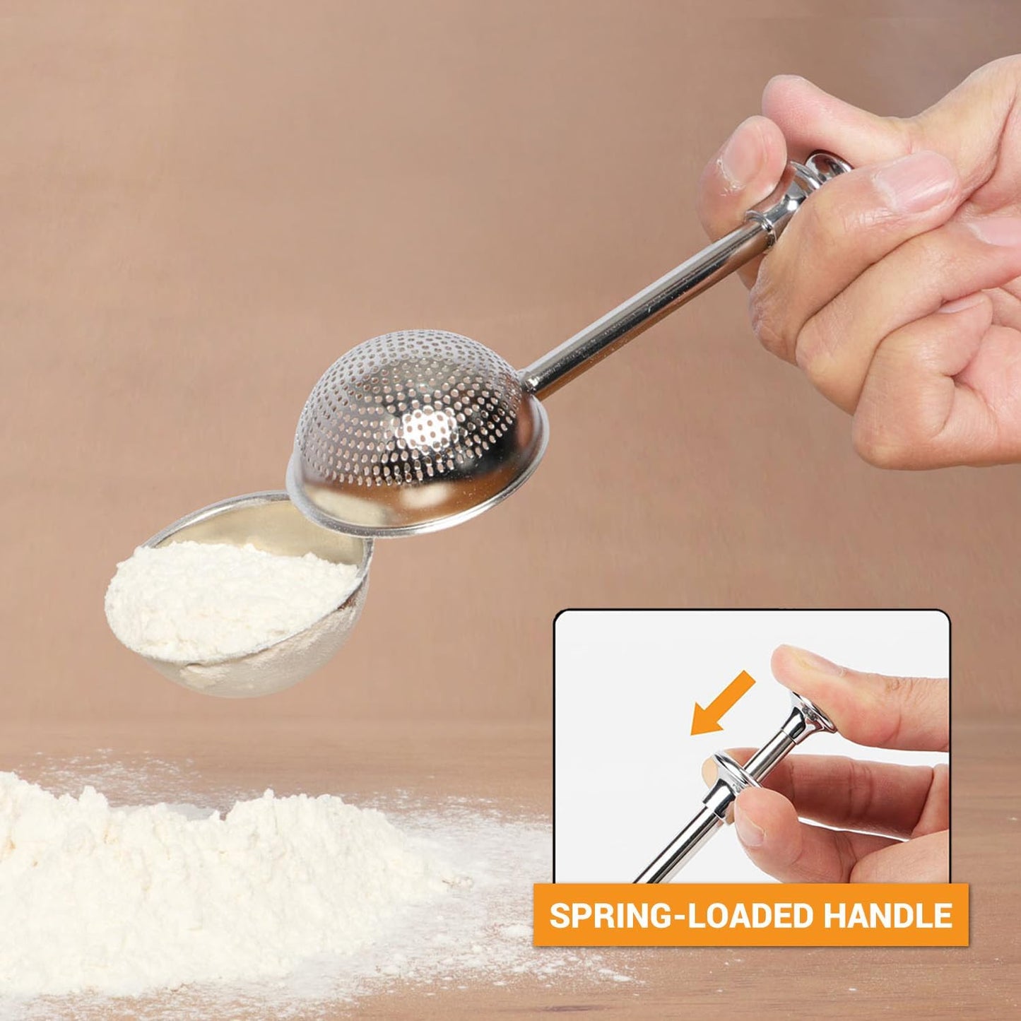 HULISEN Flour Duster, 304 Stainless Steel Flour Sifter for Baking | Spring-Press Handle, Dishwasher Safe, For Flour, Powdered Sugar, Fine Spices, Pick Up and Dust Flour Sifter, Gift Package