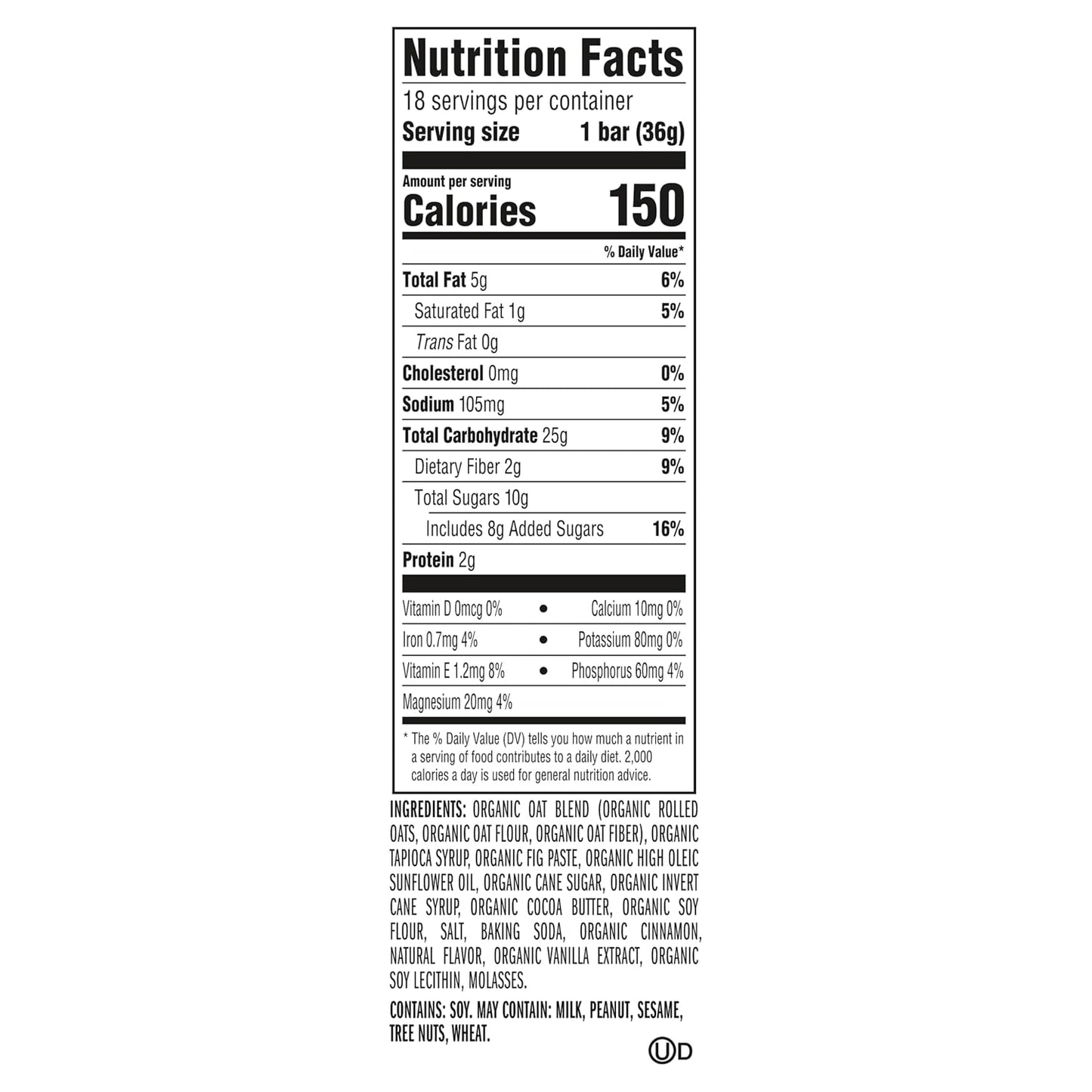 Soft-baked oatmeal cookie energy snack bars for kids, 18-pack, USDA organic, non-GMO