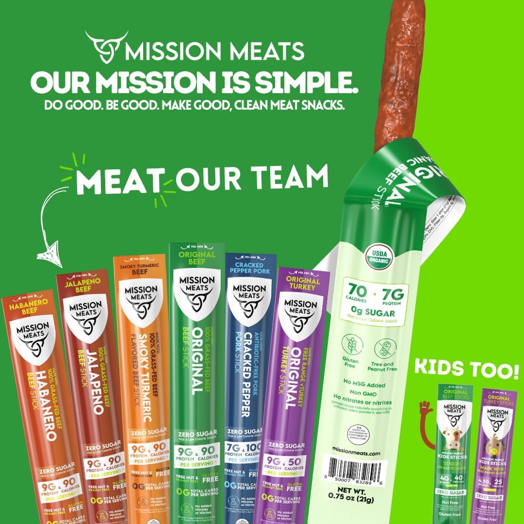 Organic Beef Sticks - Grass Fed, Zero Sugar, Non-GMO, Individually Wrapped Meat Snacks