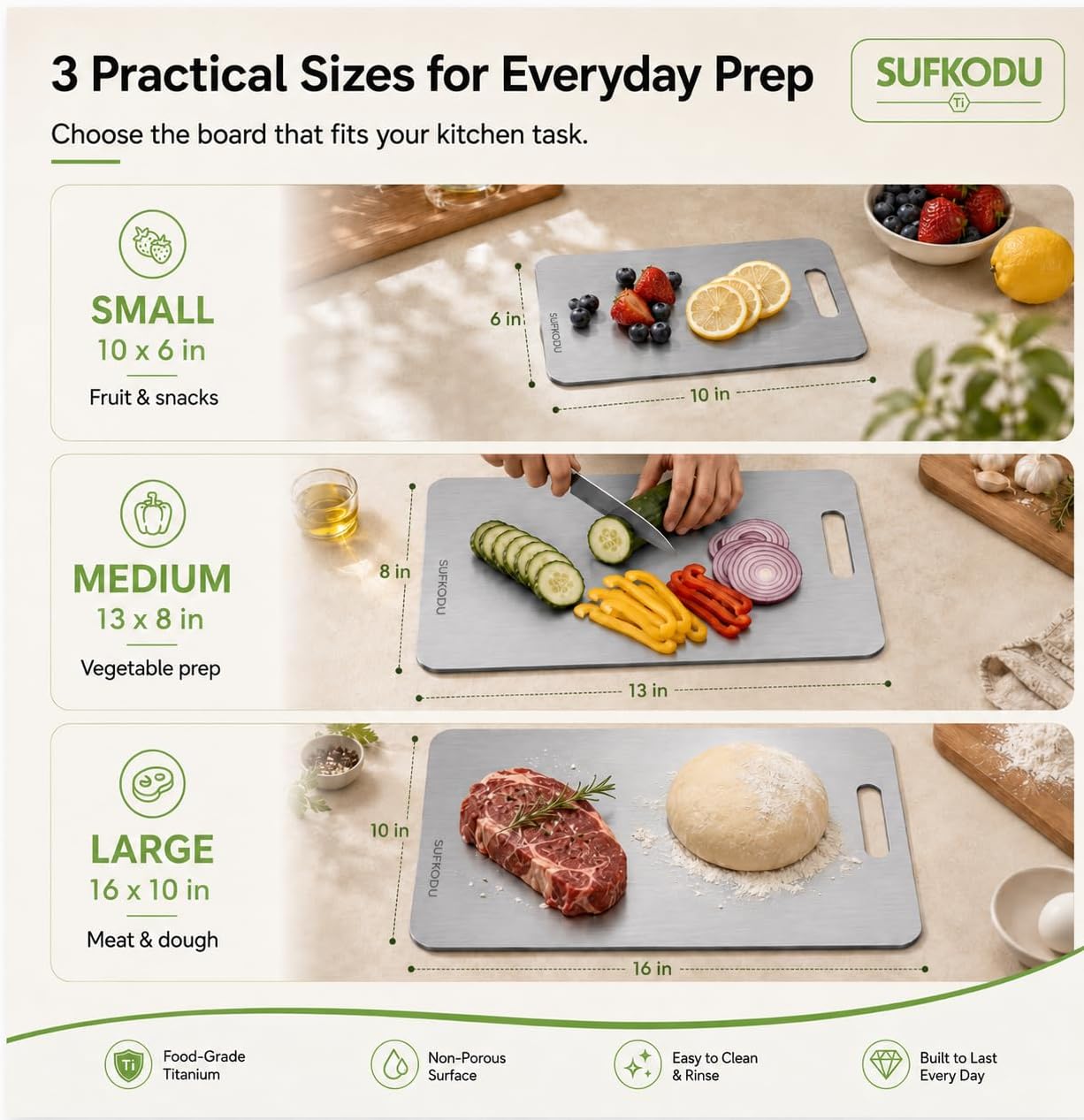 Titanium Cutting Board Set of 3, 100% Double-Sided Titanium Cutting Boards for Kitchen, Dishwasher Safe Non-Toxic Chopping Boards for Meat, Vegetables, Fruits, Raw and Cooked Food Prep (M+L+XL)