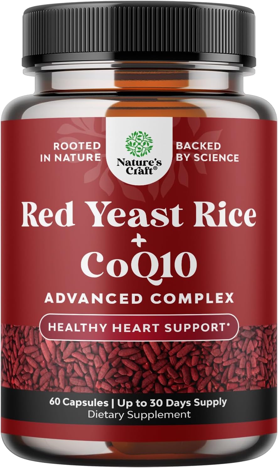 Natures Craft Red Yeast Rice with CoQ10 Supplement - Advanced Healthy Heart & Healthy Cholesterol Levels Formula for Men & Women - Red Yeast Rice Capsules with 1200 mg per Serving and CoQ10-120 Count