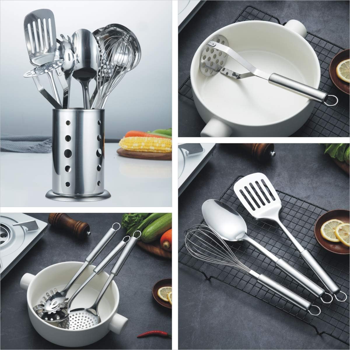 Berglander Cooking Utensil Set 8 Piece, Stainless Steel Kitchen Tool Set with Stand,Cooking Utensils, Slotted Tuner, Ladle, Skimmer, Serving Spoon, Pasta Server,Potato Maseher, Egg Whisk. (8 Pieces)