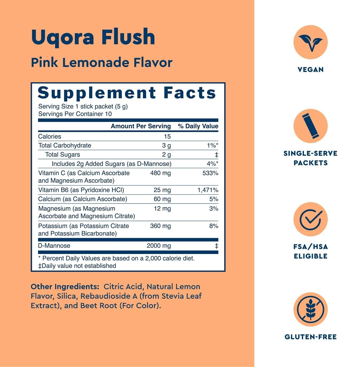Uqora Flush - Urinary Tract* with D-Mannose, Vitamin C, Vitamin B6, Potassium, Magnesium & Calcium - Gluten-Free & Vegan - Pink Lemonade Flavor - 10 Packets (1 Pack)