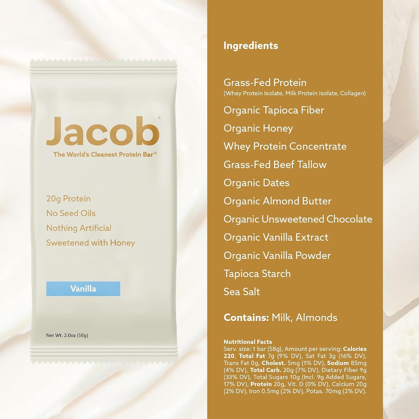 Jacob Bar, 9-count Vanilla Protein Bars with 20g Grass-Fed Protein