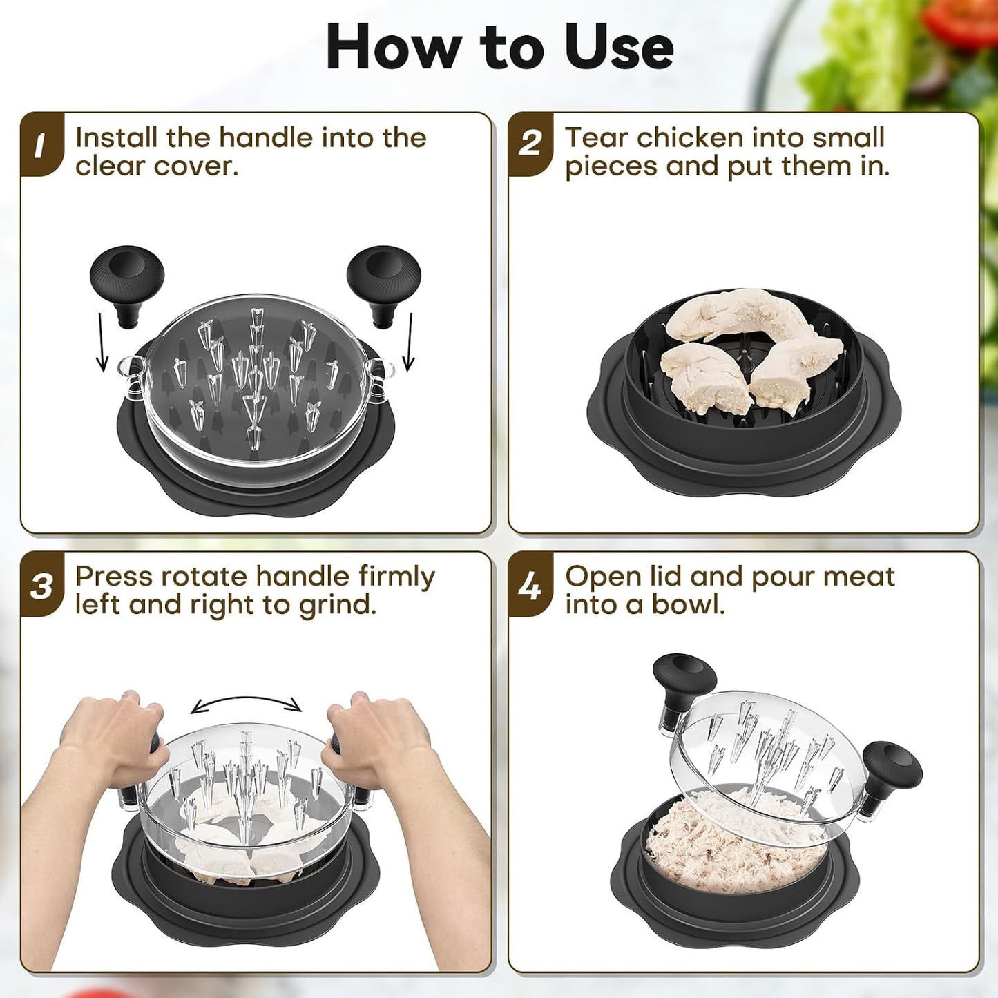 Ukeetap 10" Pro Chicken Shredder Tool Twist Large for Kitchen, BPA-Free Food-Safe Meat Grinder, Visible Chicken Breast Meat Shredder with Strong Anti-Slip Bottom & Ergonomic Handle, Black