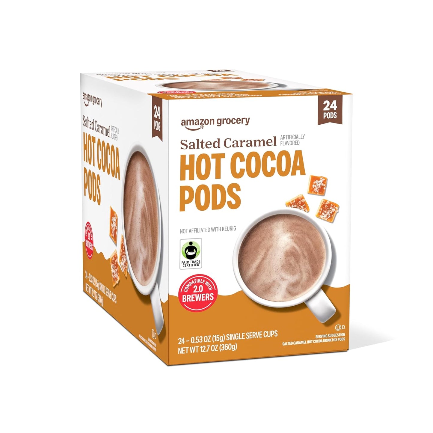 Amazon Brand - Happy Belly Hot Cocoa Pods Compatible with 2.0 K-Cup Brewers, Salted Caramel Flavored, 24 Count