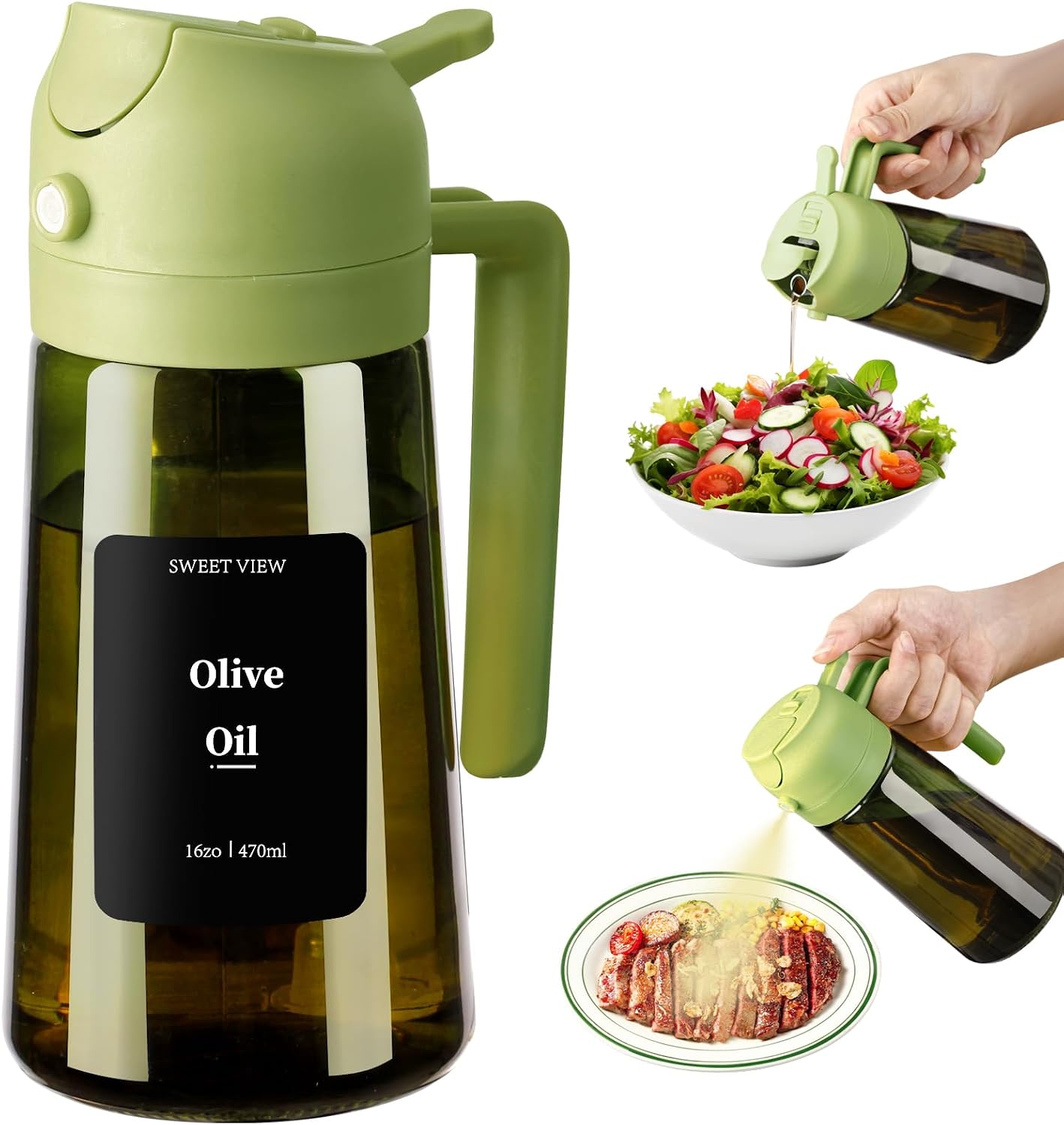 SWEET VIEW Olive Oil Dispenser and Oil Sprayer | 16oz/470ml Glass Light-Proof Oil Pourer for Kitchen Air Fryer, Cooking, Salad, and BBQ, with Stickers