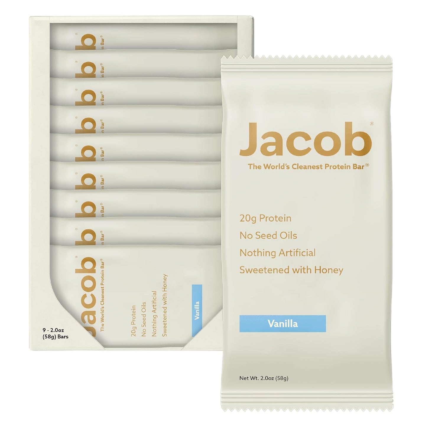 Jacob Bar, 9-count Vanilla Protein Bars with 20g Grass-Fed Protein