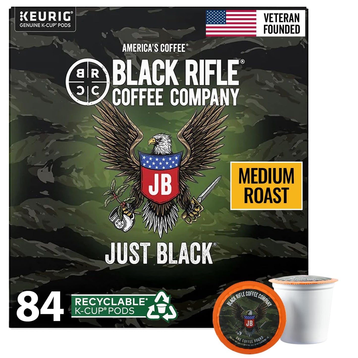 Black Rifle Coffee Company Just Black medium roast K Cups, 50 count, compatible with Keurig machines
