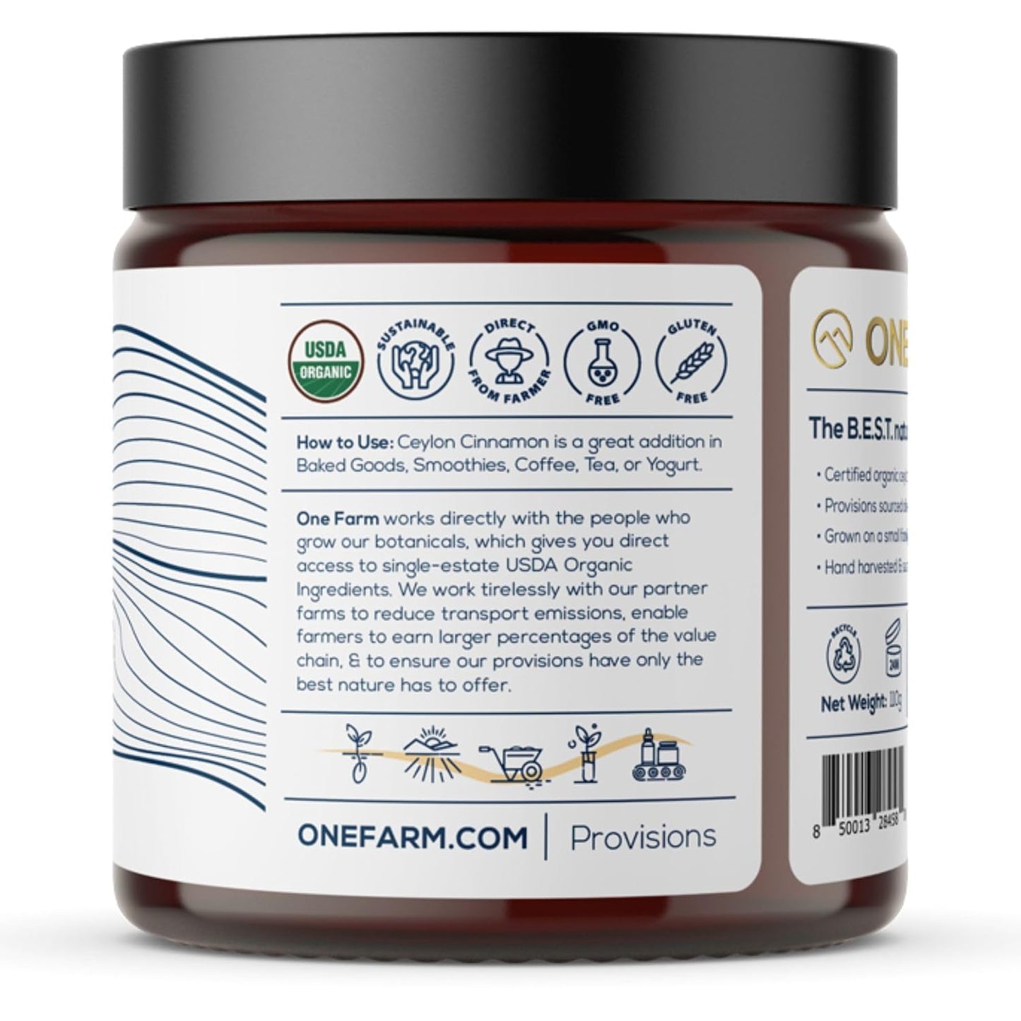 One Farm Organic Ceylon Cinnamon premium Sri Lanka Cinnamon, freshly ground, non-gmo, fair-trade, gluten-free in reusable jar
