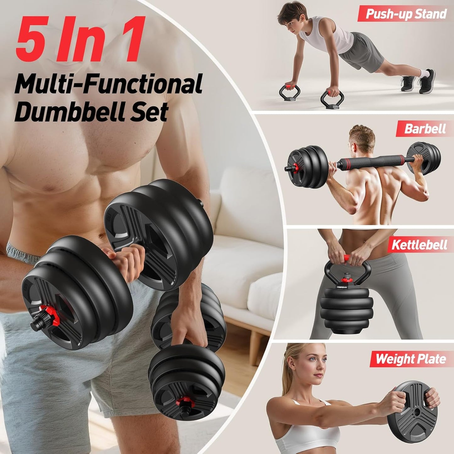 FITPLAM Adjustable Dumbbell Set, 20-90lbs, 5-in-1 for Home Gym
