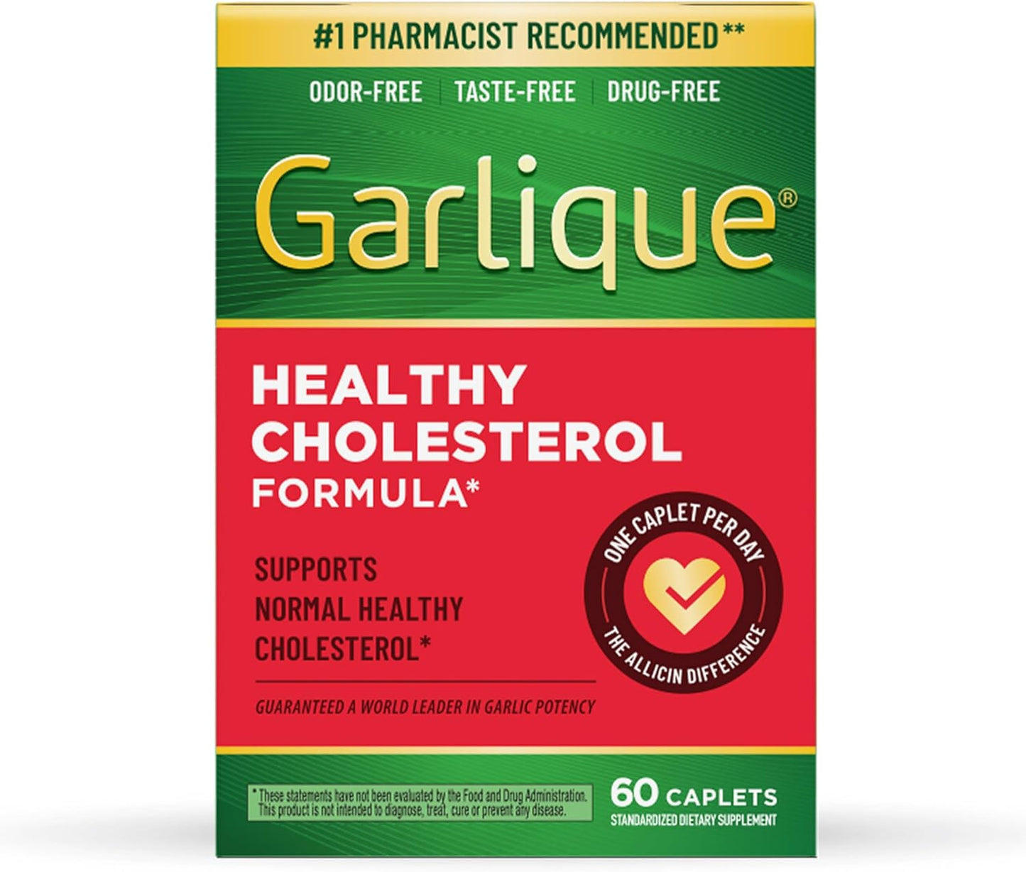 Garlique Garlic Extract Supplement, Healthy Cholesterol Formula, Odorless & Vegan, 60 Caplets