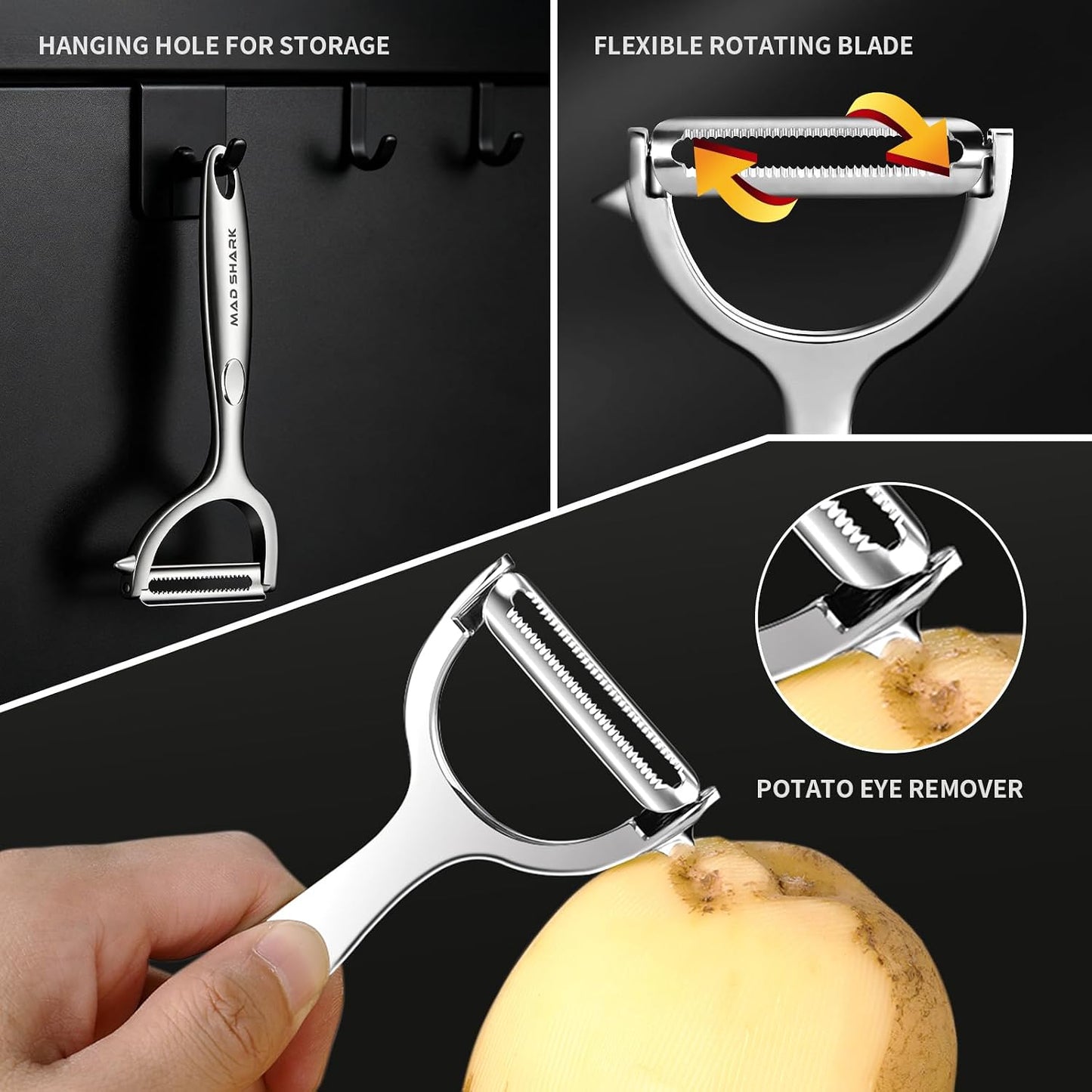 MAD SHARK Vegetable Peeler,Ultra Sharp Y Serrated Blade Peelers for Kitchen | Y Shaped Peeler Rust-proof Stainless Steel,Non-slip Ergonomic Grip,Easy Clean for carrots, potatoes, apples, fruits & veggies