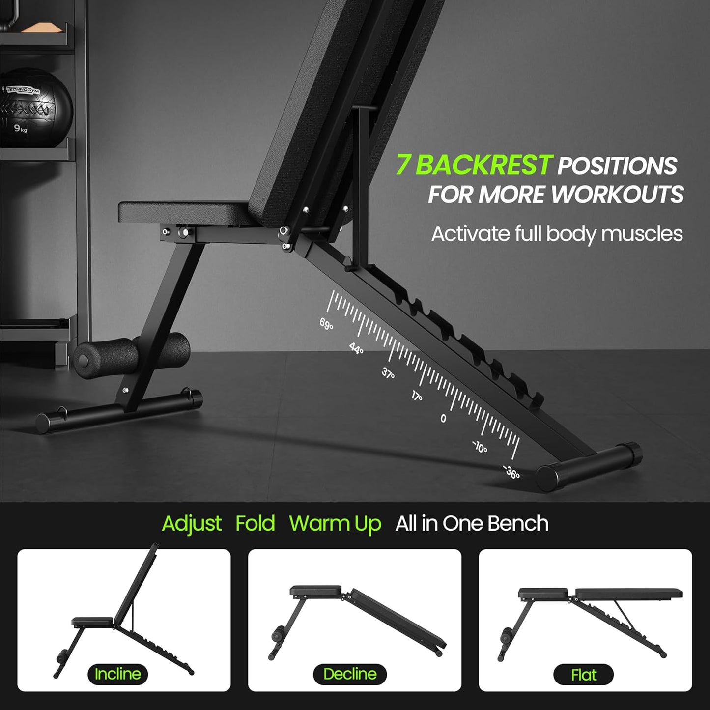 Adjustable Weight Bench for Home Gym, 600LBS Capacity, Foldable Workout Bench