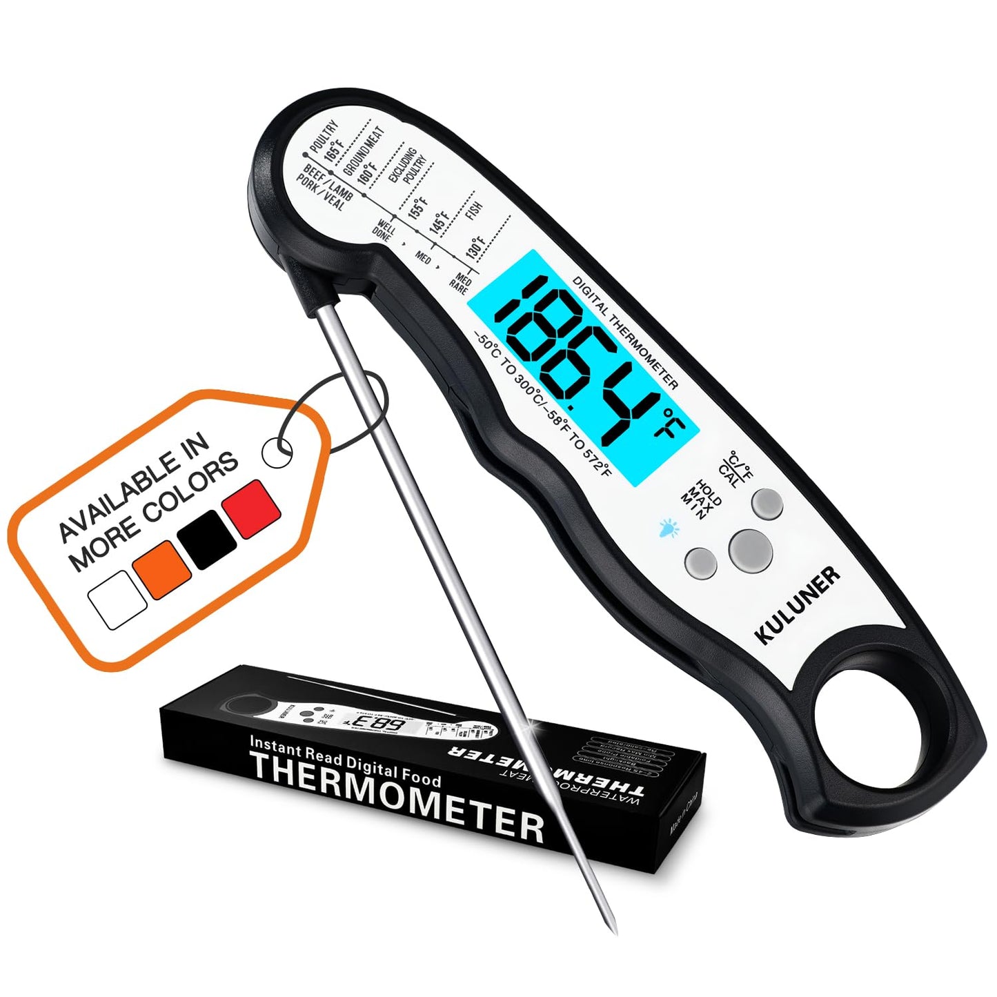 KULUNER Digital Meat Thermometer Instant Read, Waterproof Probe with Backlight & Calibration, Ultra Fast 2-3s Reading, Stainless Steel Kitchen Food Thermometer for Grilling BBQ Cooking Candy - Black