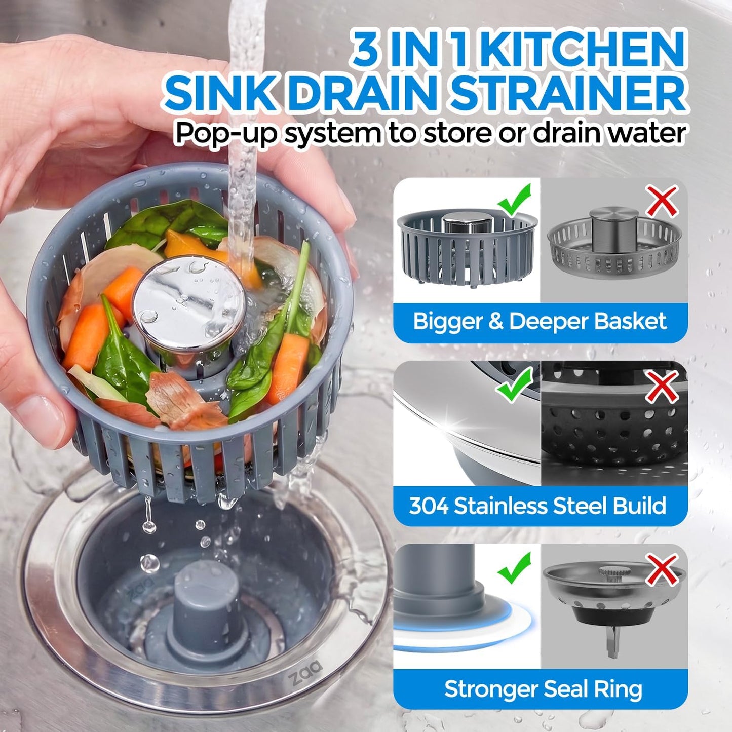 zaa 3 in 1 Kitchen Sink Drain Strainer Stopper Removable Basket Pop-Up | Kitchen Sink Accessories 1 Pack Silver Stainless - Food Catcher, Odor-Blocking Seal, Fits 3.5" Drain, Easy Clean