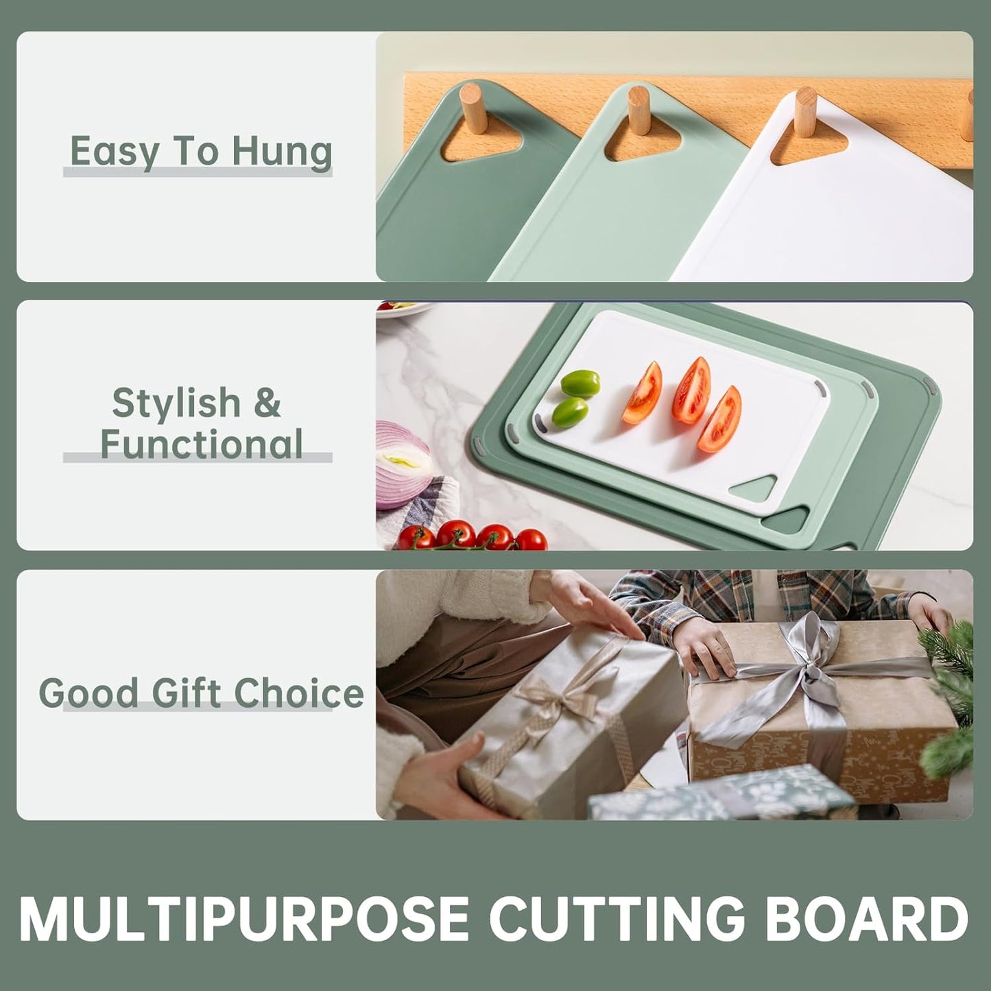 THETCHRY Plastic Cutting Board Set of 3-Cutting Boards for Kitchen BPA Free | Large-Small Chopping Boards, Non-Slip for Cooking, Dishwasher Safe, Camping, Portable, with Grip Handle, Sage Green