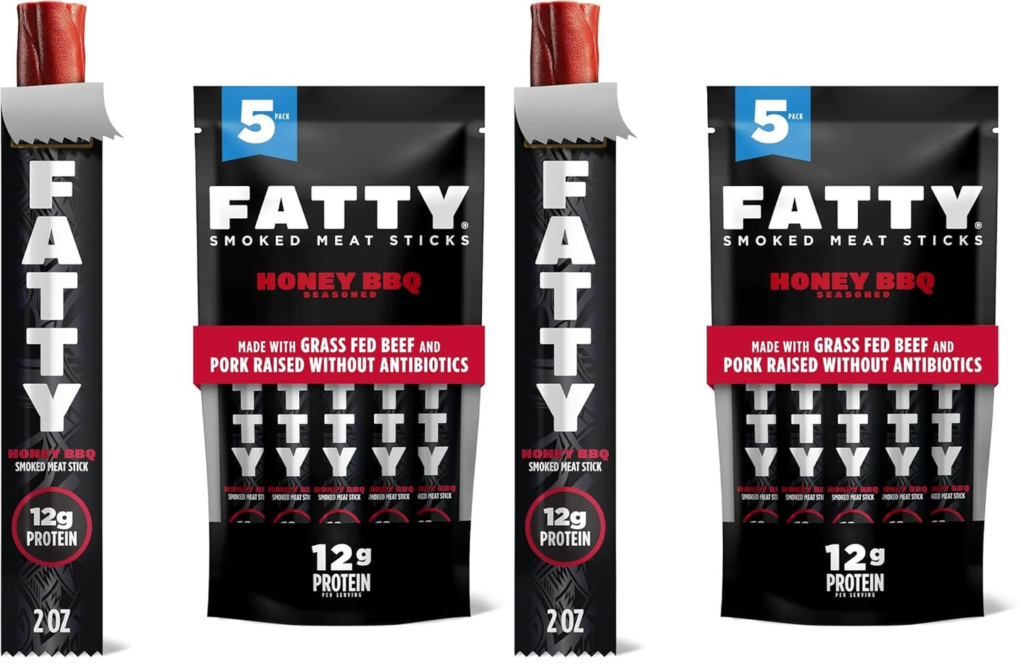 Grass Fed Beef and Pork Meat Sticks, 12g Protein, Honey BBQ, 2 oz, Pack of 5
