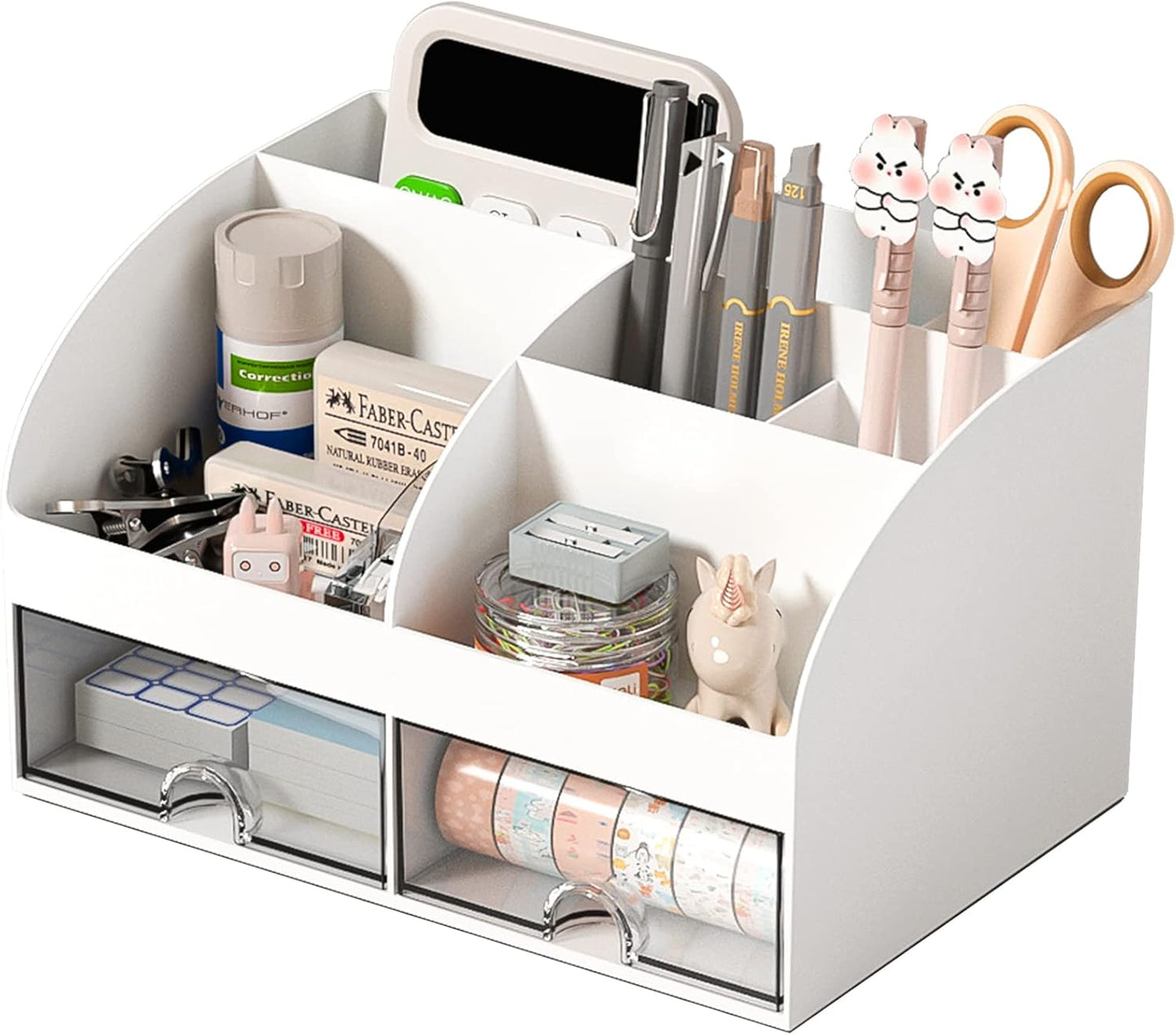 Desk Organizer with 6 Compartments and 2 Drawers, Plastic Makeup Organizer, Pen Holder for Desktop Storage, Desk Organization for School, Home, Office Supplies (White)