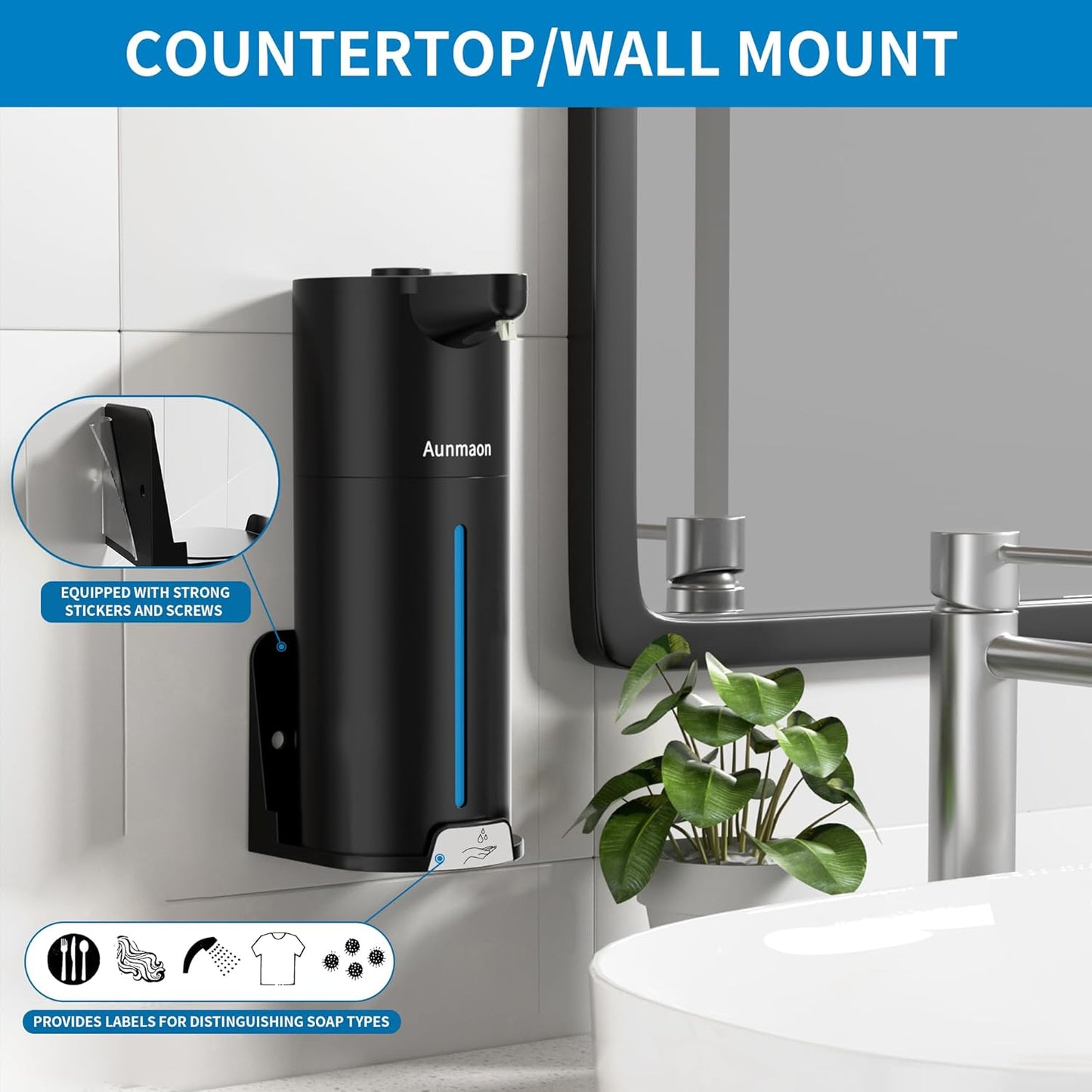 Aunmaon Automatic Soap Dispenser Touchless,15-Level,Kitchen Bath Black | Hands-Free,15-Level Dial Control,Thick & Thin Soap Compatible,Long Battery Life,Easy for Toddlers,Wall Mountable
