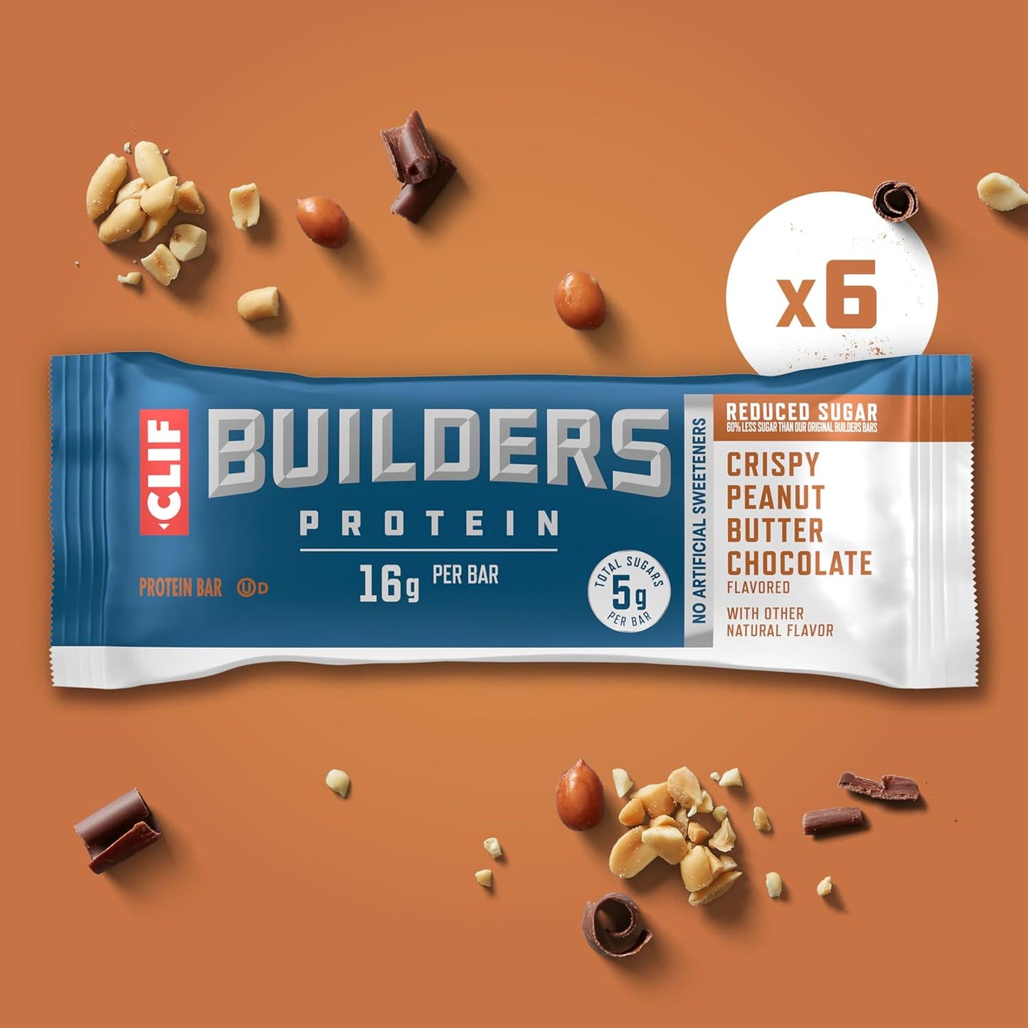 CLIF BUILDERS Protein Bars - Crispy Peanut Butter Chocolate Flavored - 16g Protein - Gluten Free - 1.97 oz. (6 Pack)