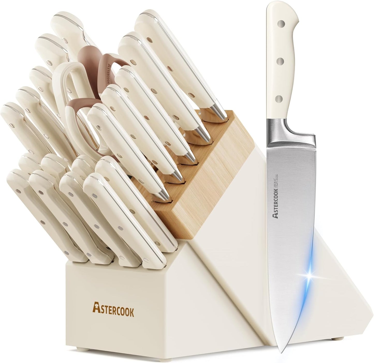 Knife Set,Astercook Kitchen Knife Set with Block 14-Piece Full Tang Stainless Steel Knives with Sharpener Dishwasher Safe and Anti-Slip Ergonomic Handle Utensils Set