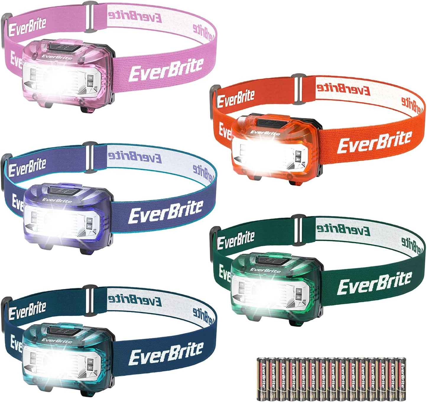 EverBrite Headlamp, 5 Pack Kids Headlamp with Red Light and Memory Function, Head Lamp for Adults and Kids with 5 Modes, Bright Headlamps for Camping, Running, Christmas Gifts, Batteries Included