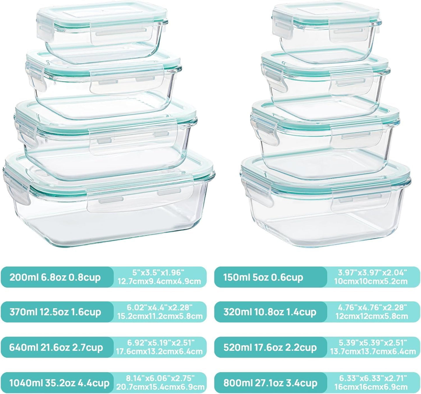 Vtopmart 8 Pack Glass Food Storage Containers with Airtight Lids | Meal Prep Lunch Containers, Leakproof, Leftover Storage, Take-out, Microwave, Oven, Freezer and Dishwasher Safe, BPA Free