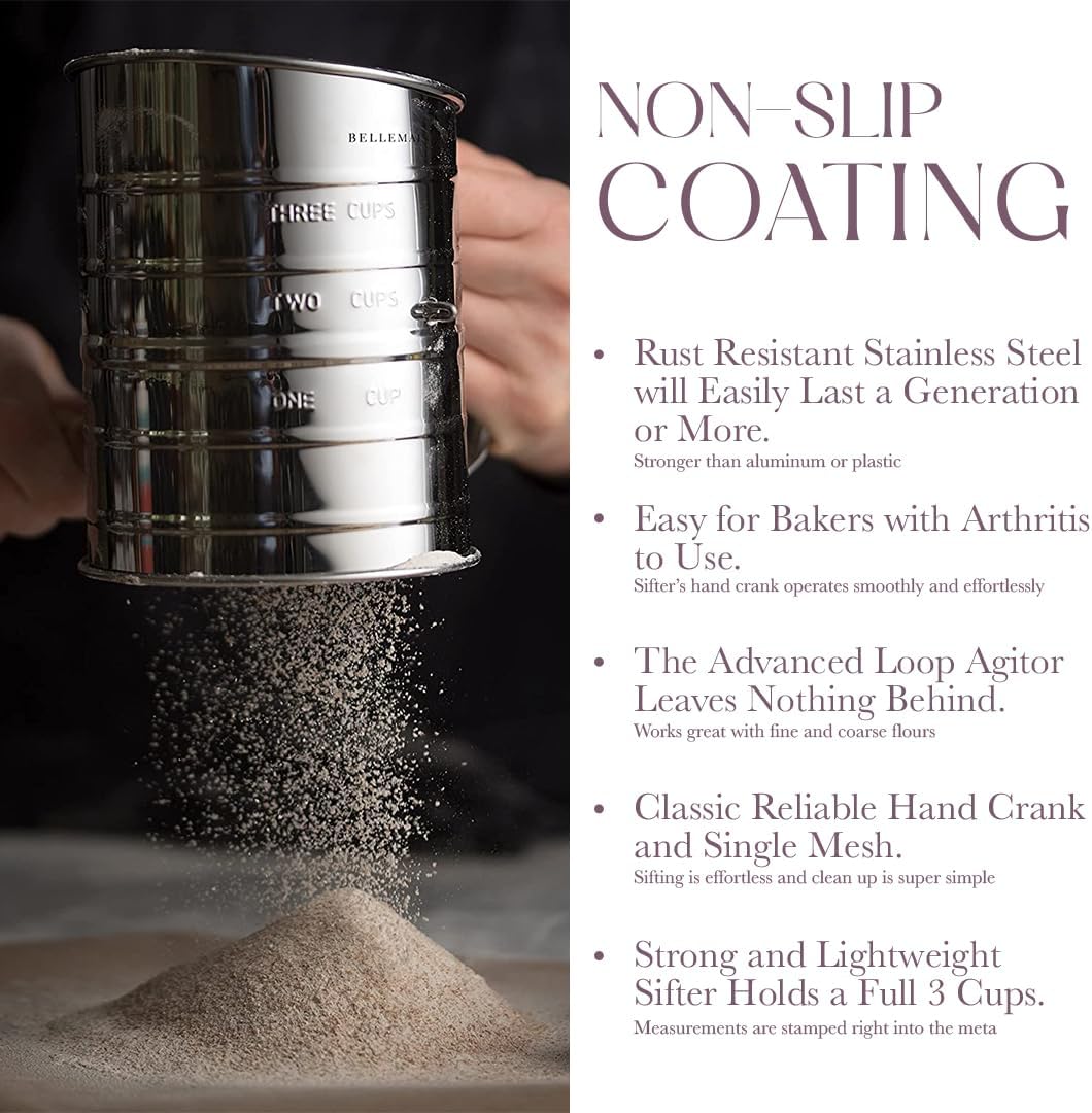 Bellemain 3 Cup Flour Sifter for Baking Fine Mesh Rotary Hand Crank with Loop Agitator for Quick Sifting, Flour Sifter Stainless Steel