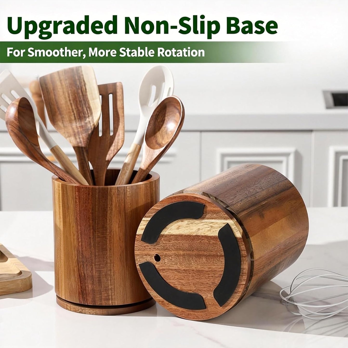 Acacia Wood Utensil Holder, 360° Rotating 7.3 in Kitchen Organizer | Rustic farmhouse countertop decor. Rotating base for easy access to spatulas, spoons, and cooking utensils. 7.3-inch capacity
