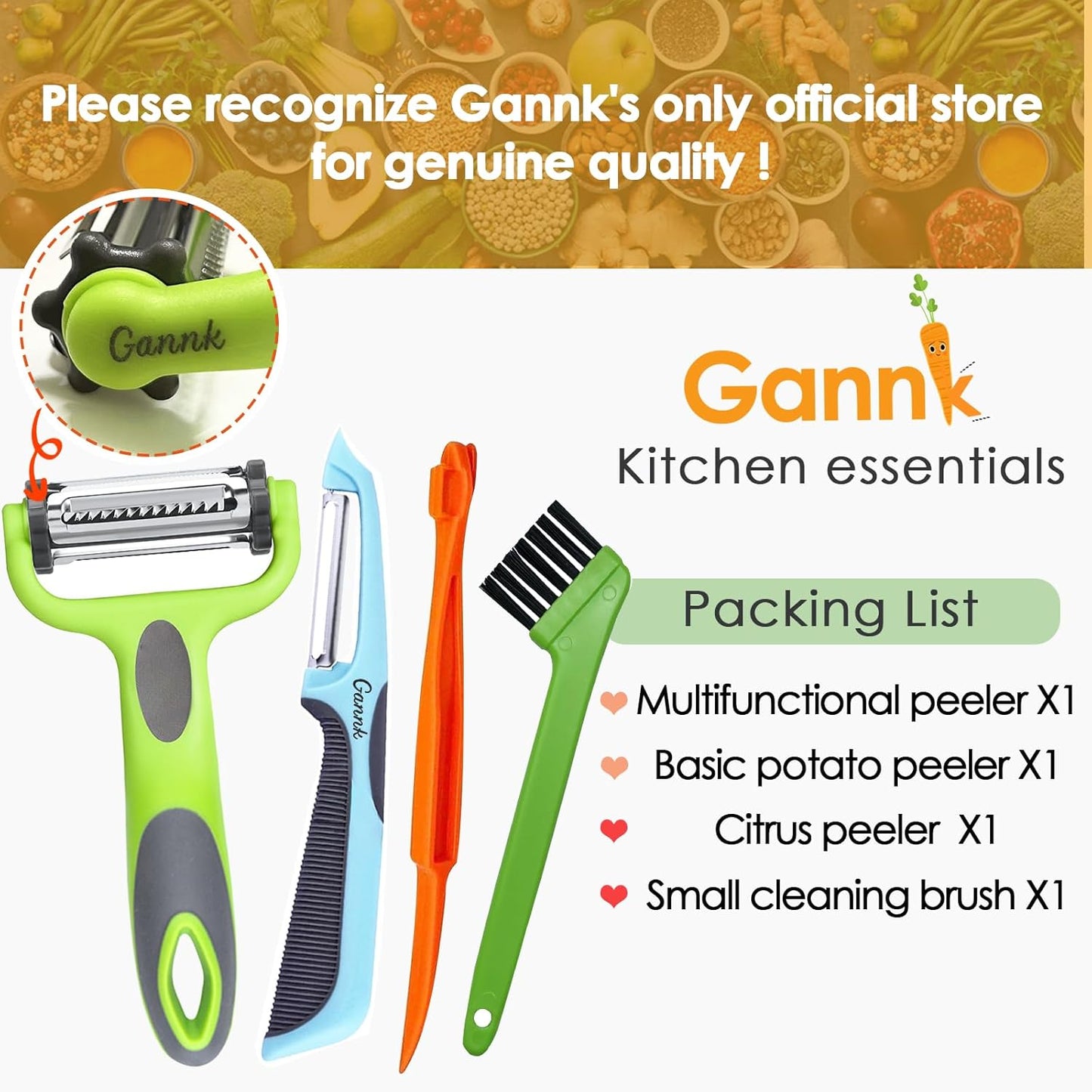 GANNK Potato Apple Vegetable Peelers for Kitchen, I and Y Peelers for Fruit Veggie Potatoes Carrot Cucumber, 3 in 1 Blade Spin Design With Julienne Multifunctional