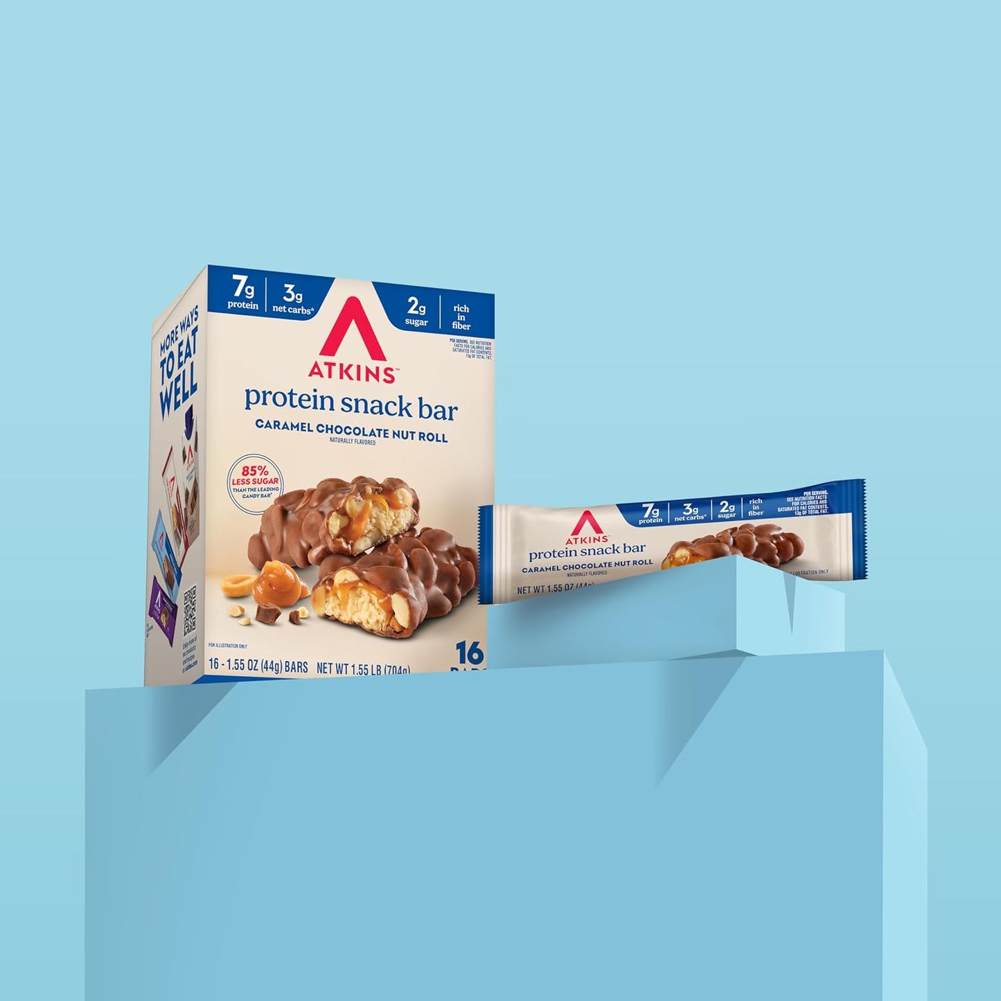 Atkins Caramel Chocolate Nut Roll Snack Bar, 16 Count, 1.55oz Bars