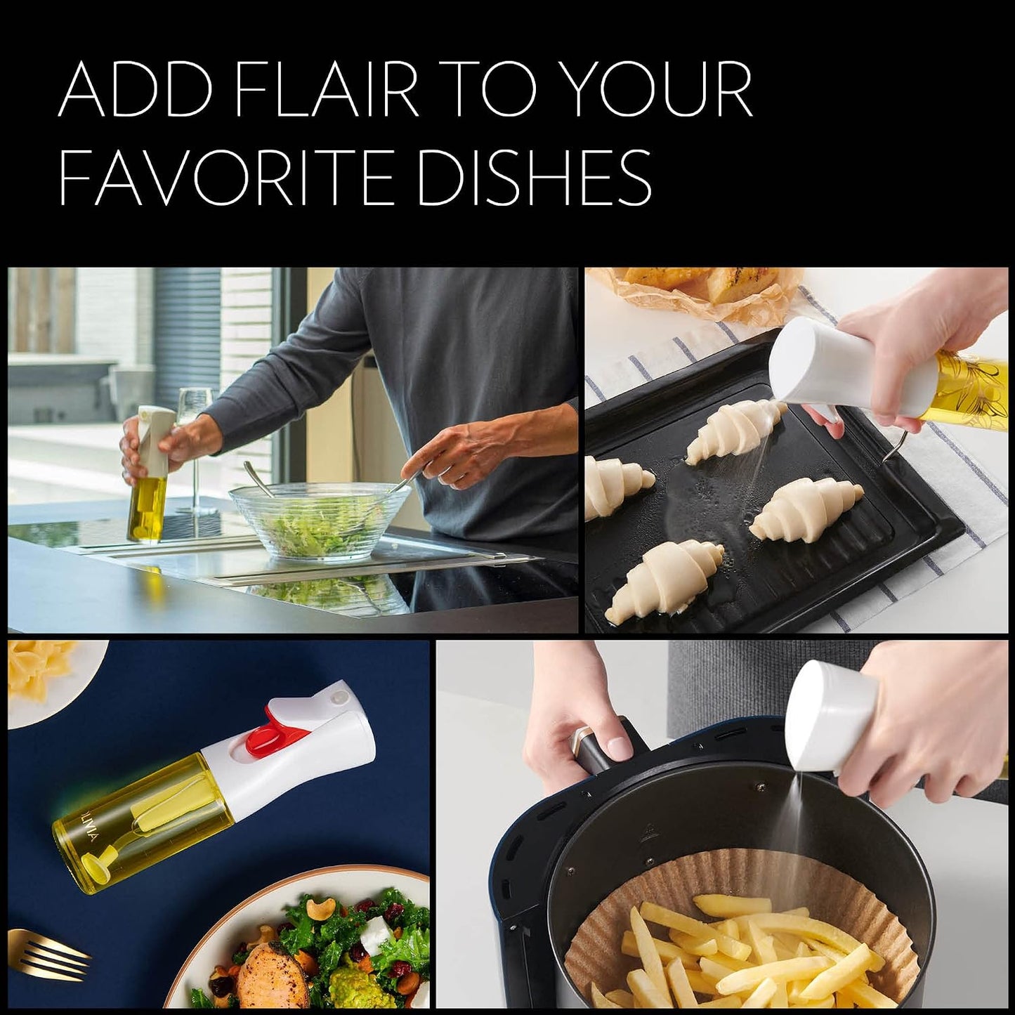 FLAIROSOL OLIVIA SIGNATURE Oil Sprayer for Cooking, 130ml Glass,White Print | Portion control mist for air fryer, salad, BBQ, refillable & reusable, fine mist olive oil kitchen sprayer, anti-drip