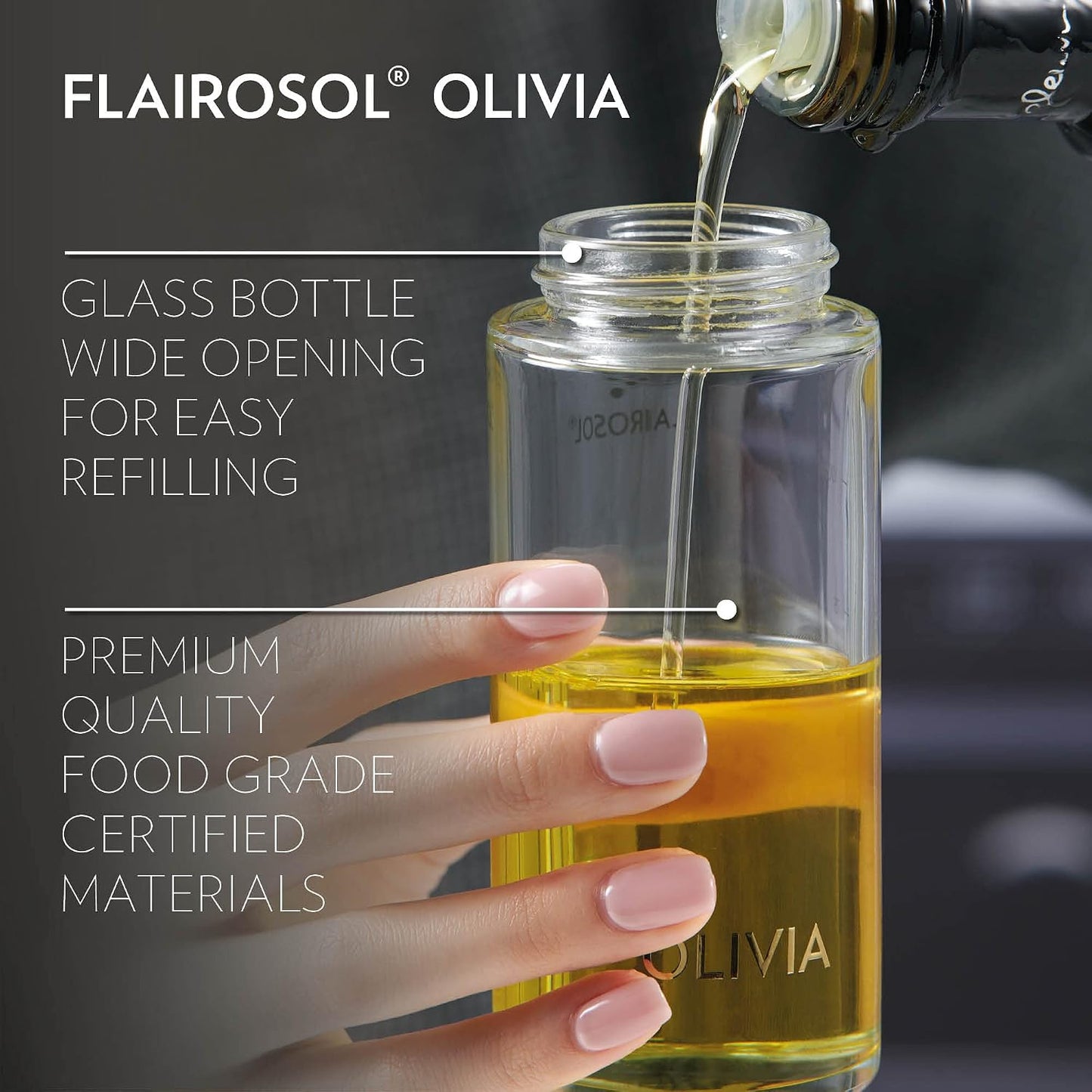 FLAIROSOL OLIVIA SIGNATURE Oil Sprayer for Cooking, 130ml Glass,White Print | Portion control mist for air fryer, salad, BBQ, refillable & reusable, fine mist olive oil kitchen sprayer, anti-drip