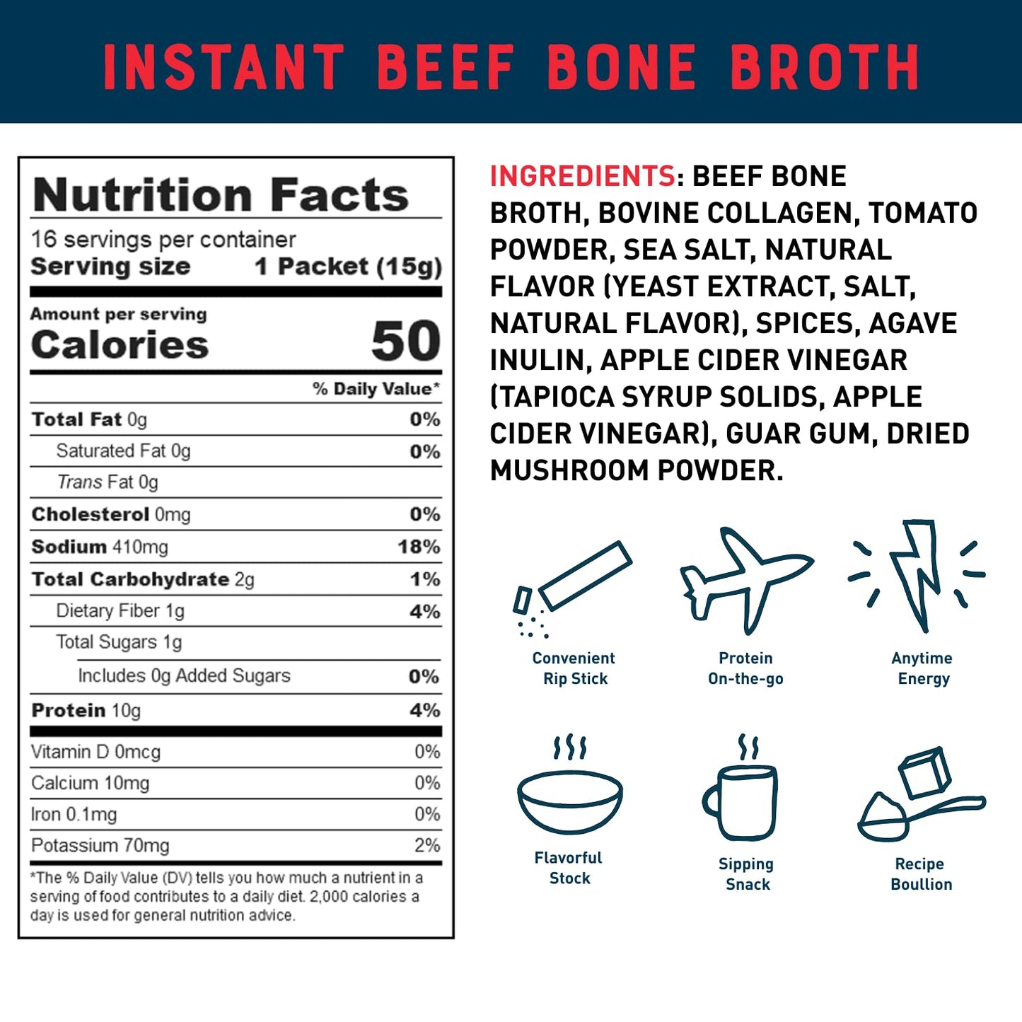 Bare Bones Beef Bone Broth Instant Powdered Mix Packets | 5g Collagen | 10g Protein | Keto & Paleo Friendly