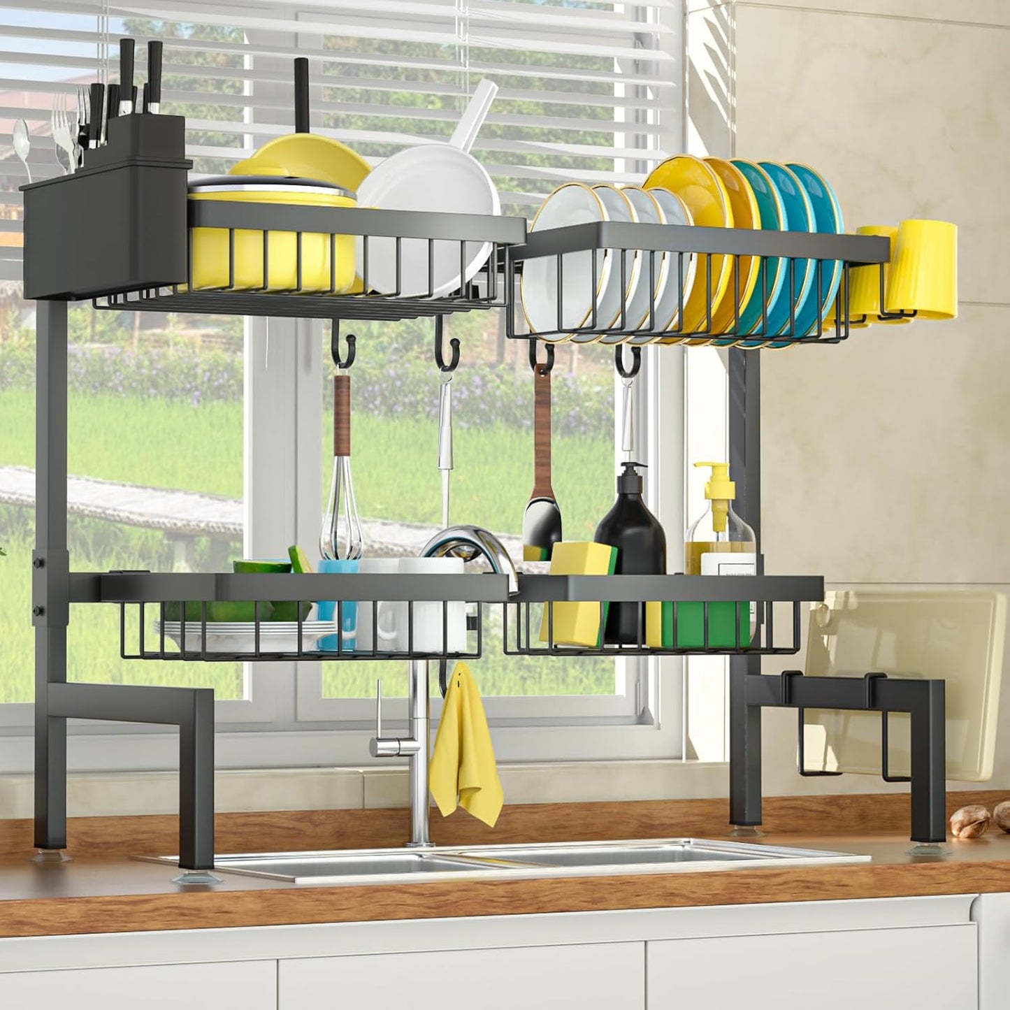 SNSLXH 4 Baskets 2-Tier Over The Sink Dish Drying Rack, 26.57"-35" | Large Dish Drying Rack for Kitchen, Extensible and Adjustable, Saving Kitchen Space