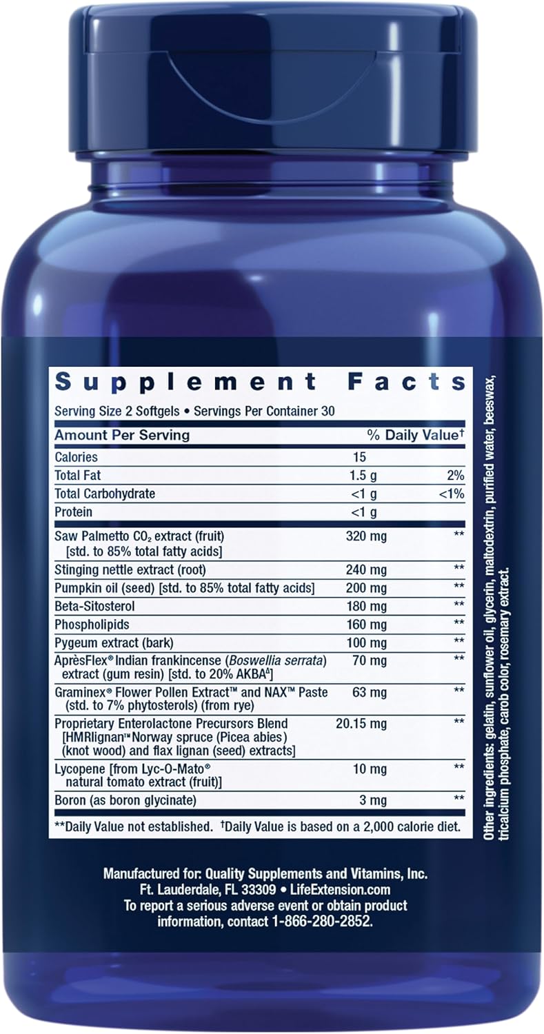 Life Extension Ultra Prostate Formula, Saw Palmetto for Men, pygeum, stinging Nettle Root, lycopene, Prostate Health, Urination Flow, PSA, Non-GMO, Gluten-Free, 60 softgels