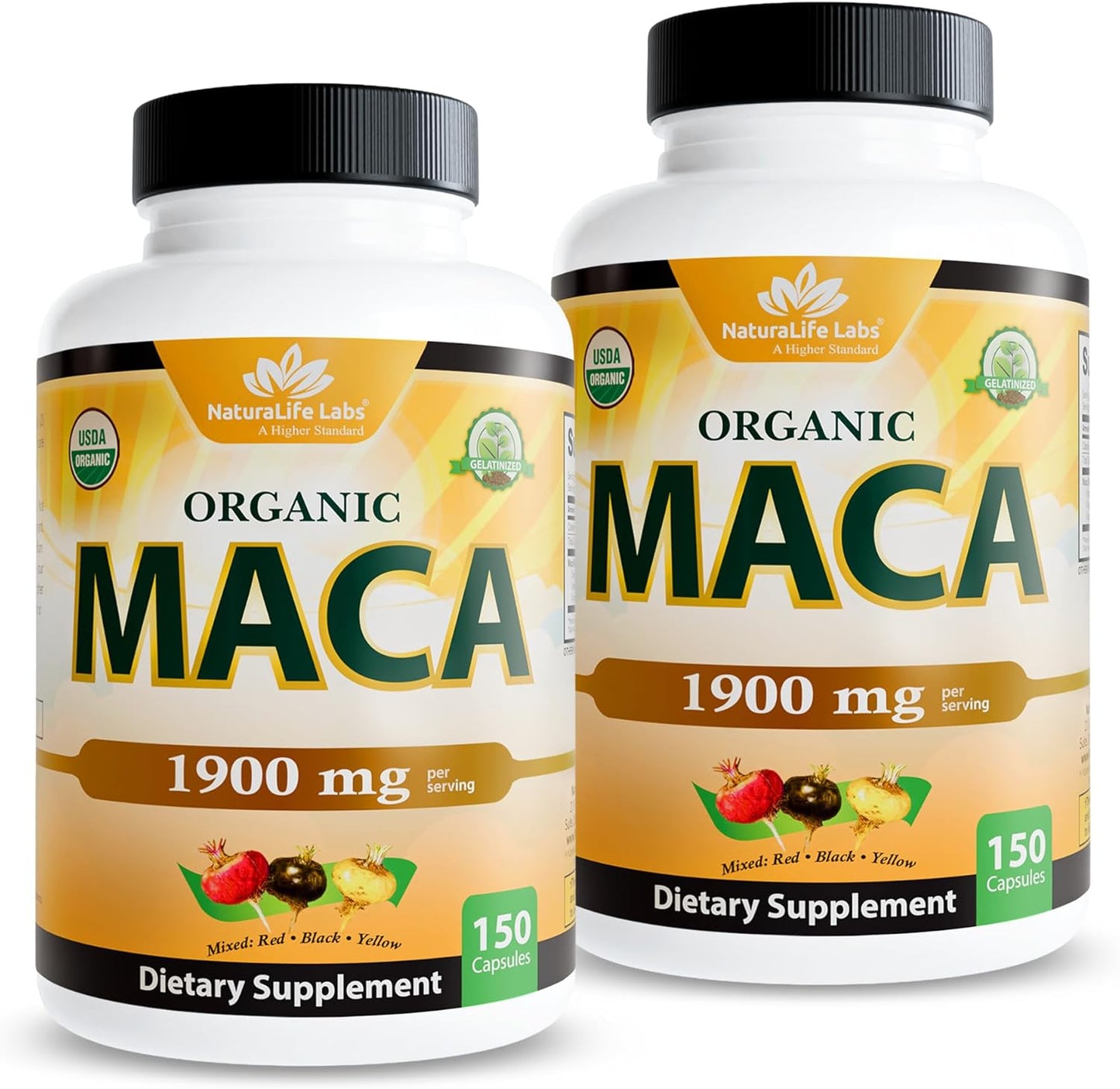 NaturaLife Labs Organic Maca Root – Black, Red & Yellow – 1900 mg per Serving – 150 Capsules – Gelatinized Peruvian Maca – Non-GMO, Gluten-Free, Vegan