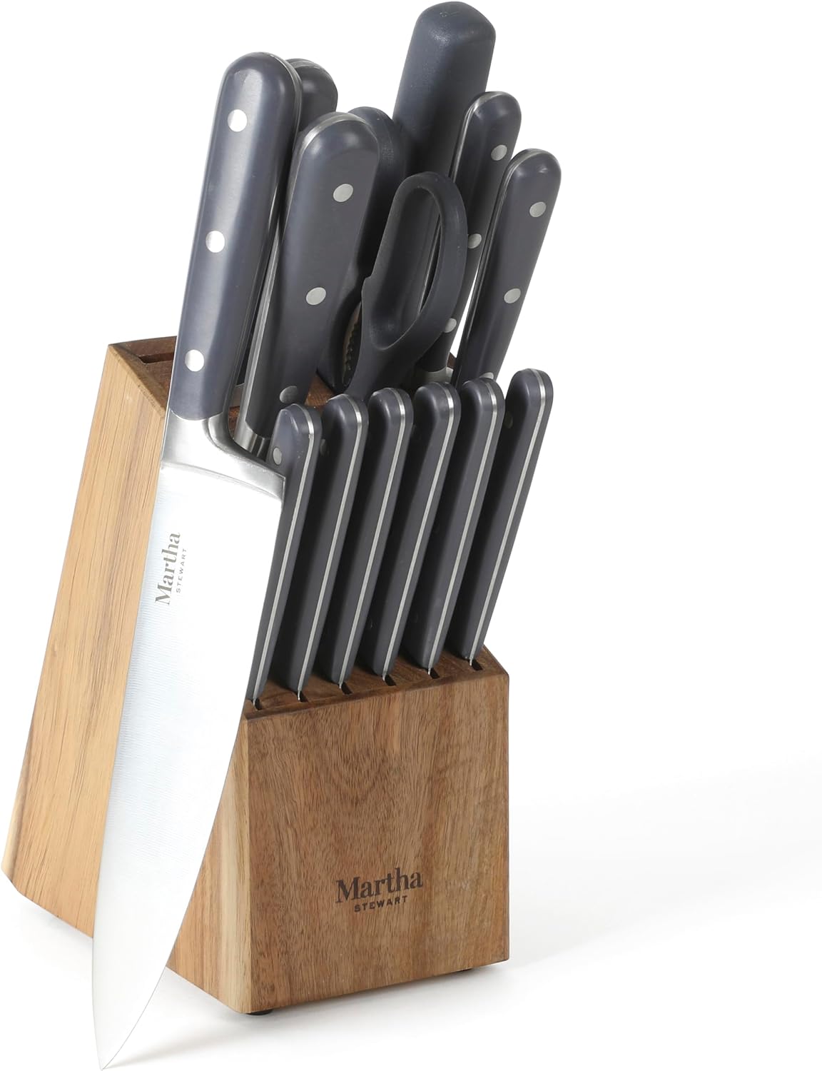 MARTHA STEWART Eastwalk 14 Piece High Carbon Stainless Steel Cutlery Kitchen Knife Block Set w/ABS Triple Riveted Forged Handle Acacia Wood Block - Linen White