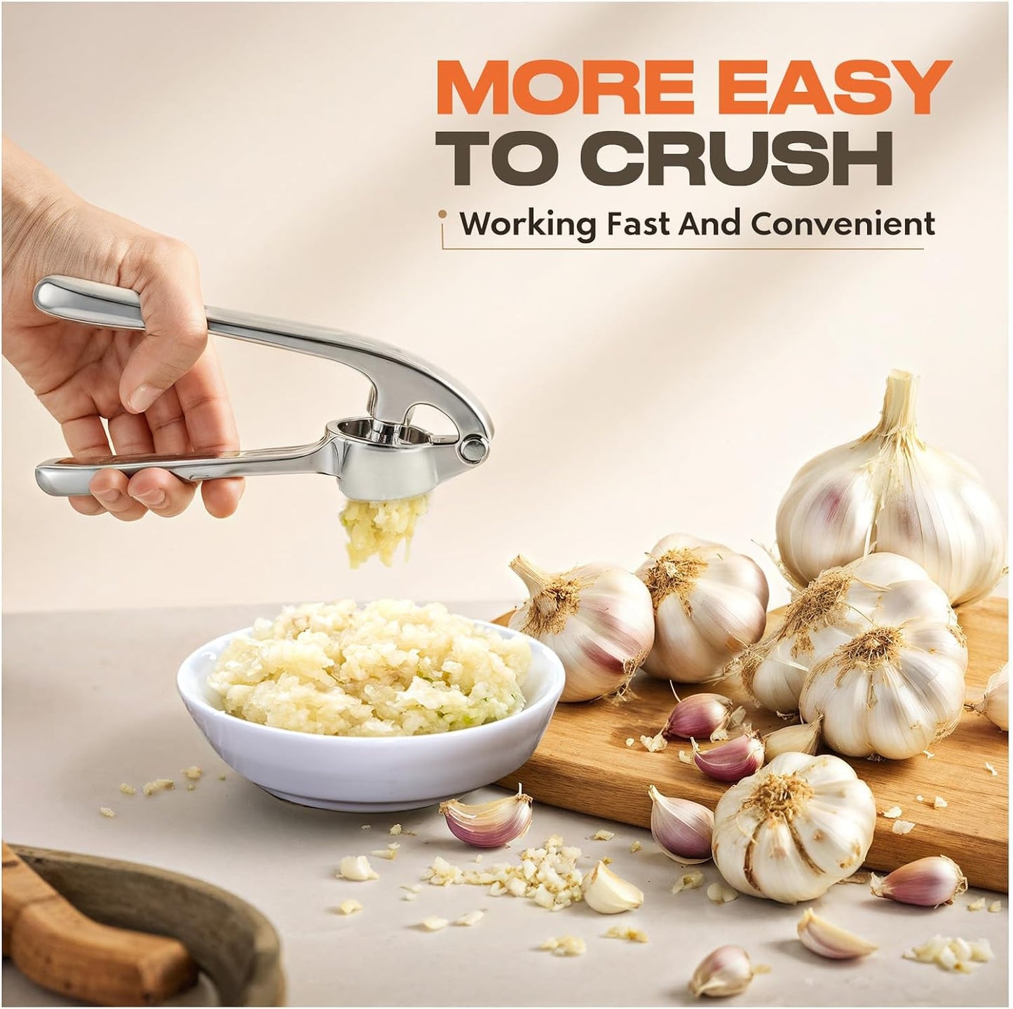Kitchen Garlic Press, Rust Proof & Dishwasher Safe Garlic Mincer, Durable Garlic Crusher Set with Peeler&Brush, Easy to Clean and Squeeze, Matte
