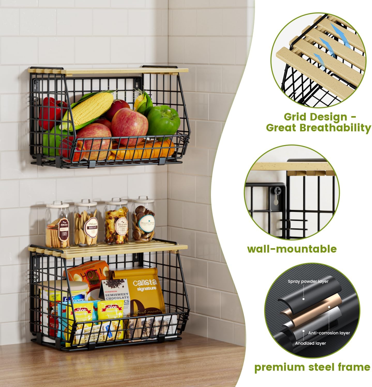 Hanging Fruit Basket for Kitchen, 3 Pack Vegetable Produce Basket | Wall Mounted & Countertop Wire Storage Basket for Potato Onion Fruits Vegetables, Pantry Organizers Storage