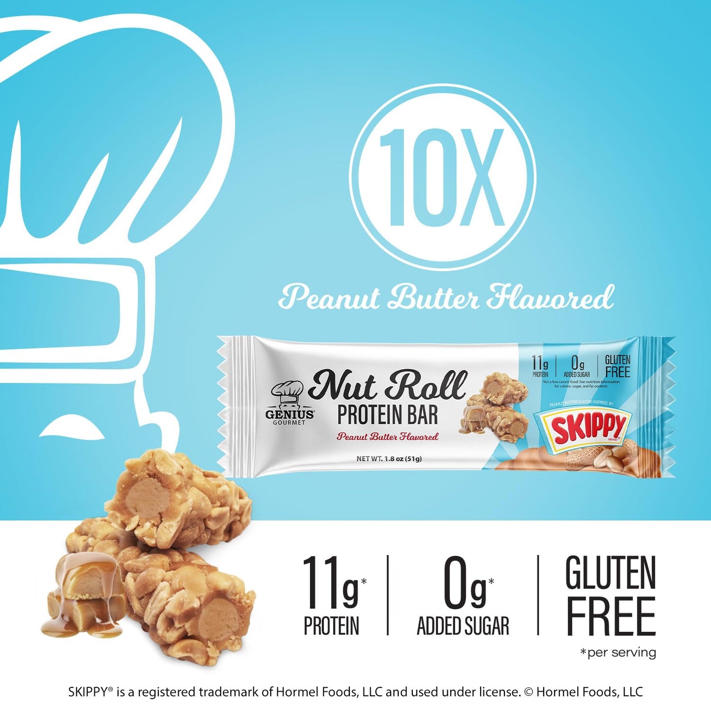 Genius SKIPPY Peanut Butter Flavor Inspired Protein Nut Roll Bar, 10 Count