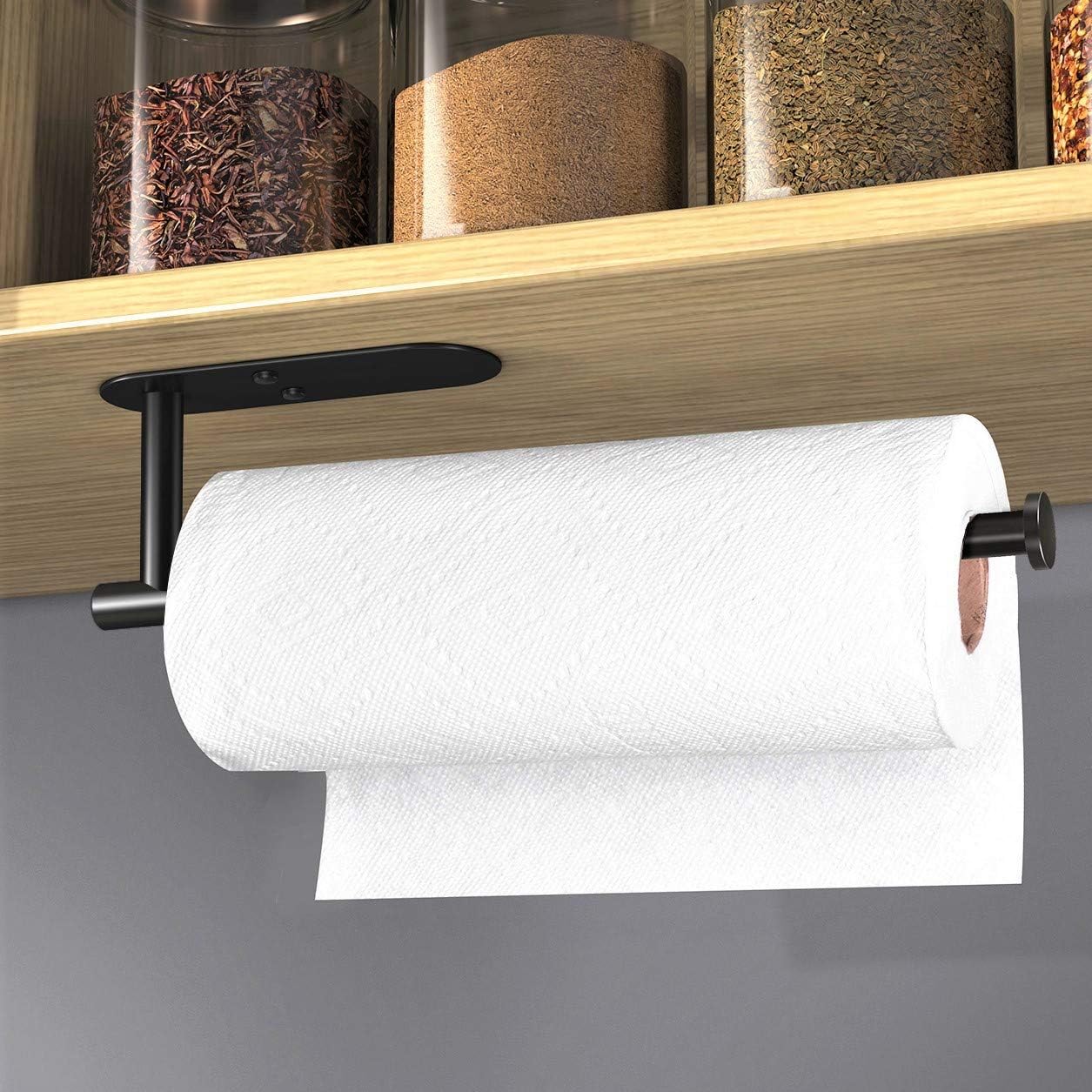 VAEHOLD Adhesive Paper Towel Holder Under Cabinet Wall Mount for Kitchen Paper Towel, Black Paper Towel Roll Holder Stick to Wall, Stainless Steel(Black)