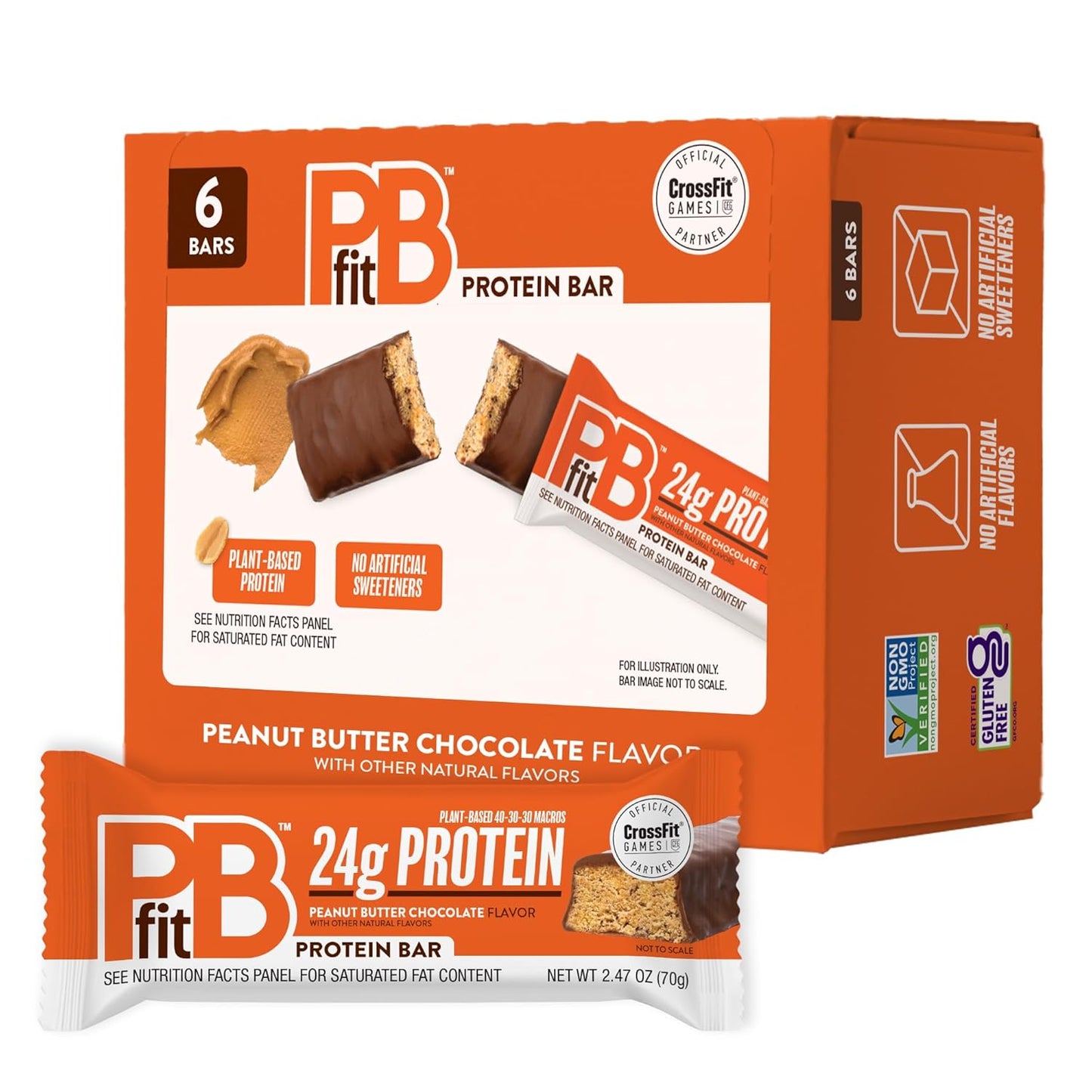 PBfit Peanut Butter Chocolate Protein Bars, 24g Protein, Gluten Free, Vegan, 40-30-30 Macros, 2.47 Oz, Pack of 12