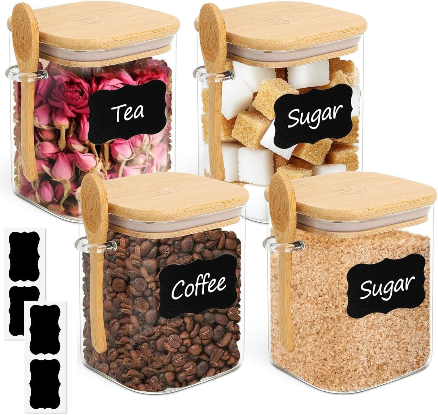 ComSaf Glass Pantry Storage Containers (0.7Qt/1.2Qt/1.6Qt) Set of 6, Square | Glass Storage Containers with Lids, Kitchen Canisters, Pantry Jar, Bamboo Lid with Silicone Seal, Flour Cereal Tea, BPA Free