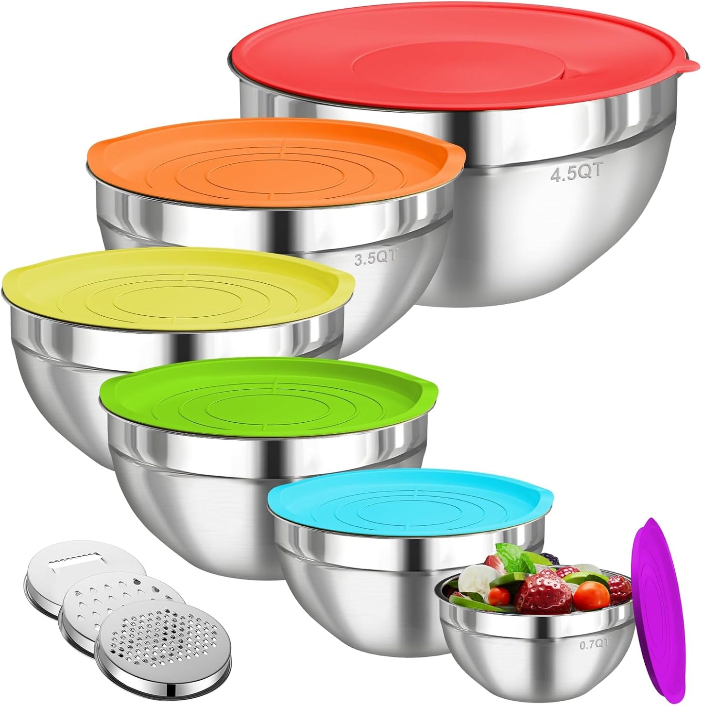 Mixing Bowls with Lids Set, 6 PCS Stainless Steel Mixing Bowls with 3 Grater Attachments, Kitchen Food Storage Organizers Nesting Mixing Bowl, Large Size 4.5, 3.5, 2.1, 1.5, 1.1, 0.7QT